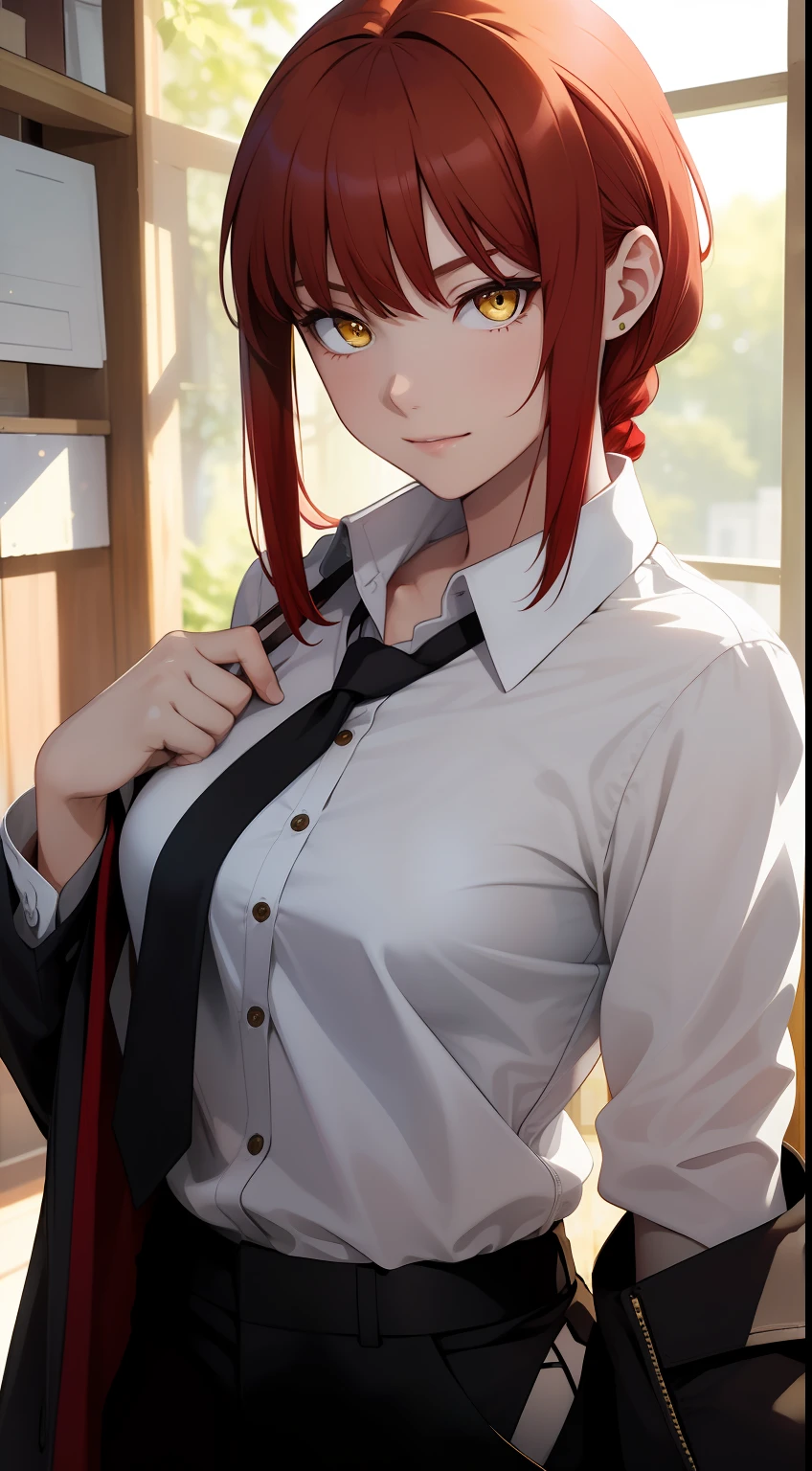 (masterpiece, best quality:1.2), solo, 1girl, red hair, yellow eyes, makima,, unbuttoned shirt with collar, on the chest, a lot of, black unbuttoned pants, wide hips, black coat