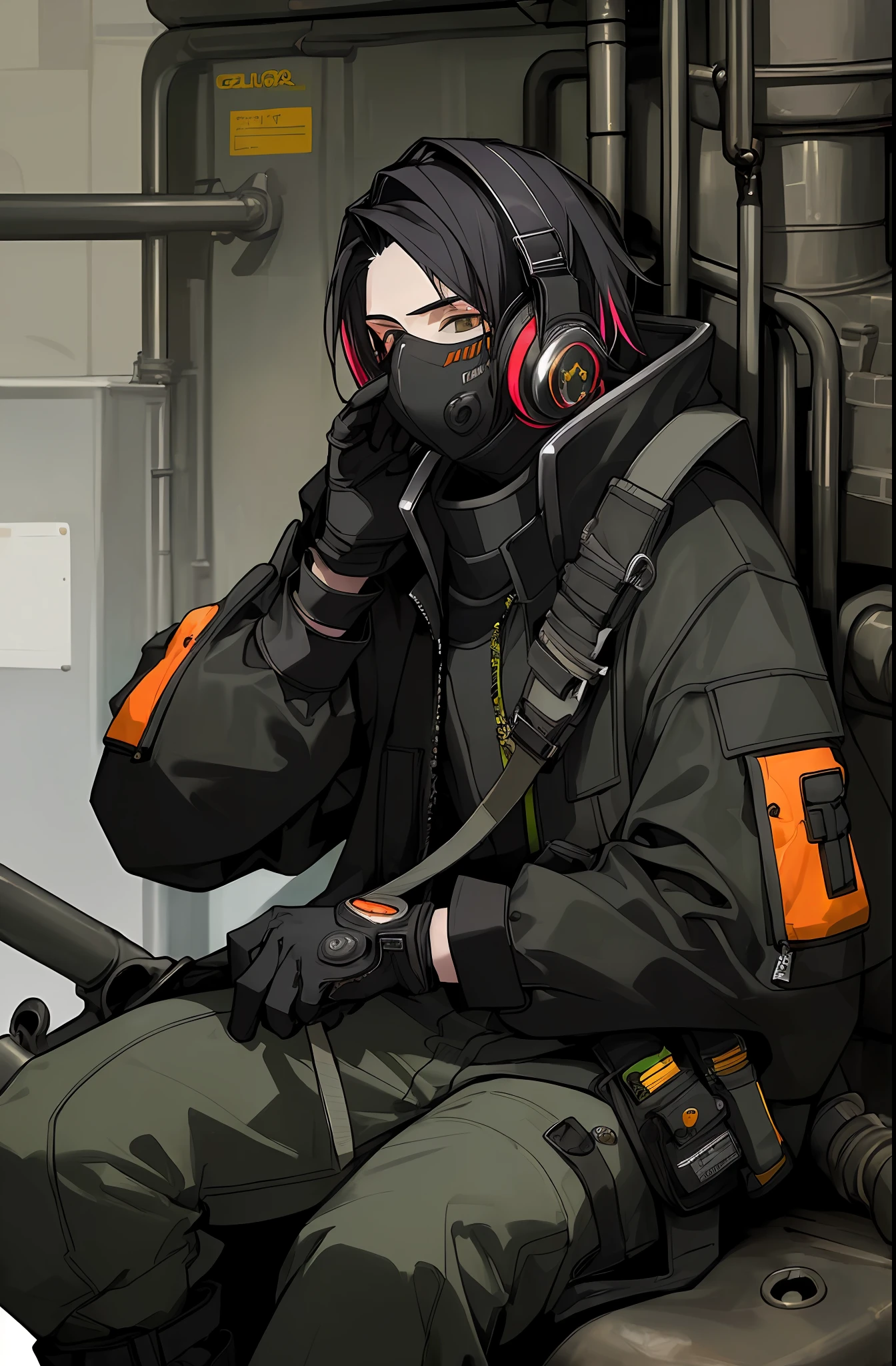 (masterpiece, best quality, colorful), young man with black hair in black techwear with gloves sitting in tank with headphones, black mask on face