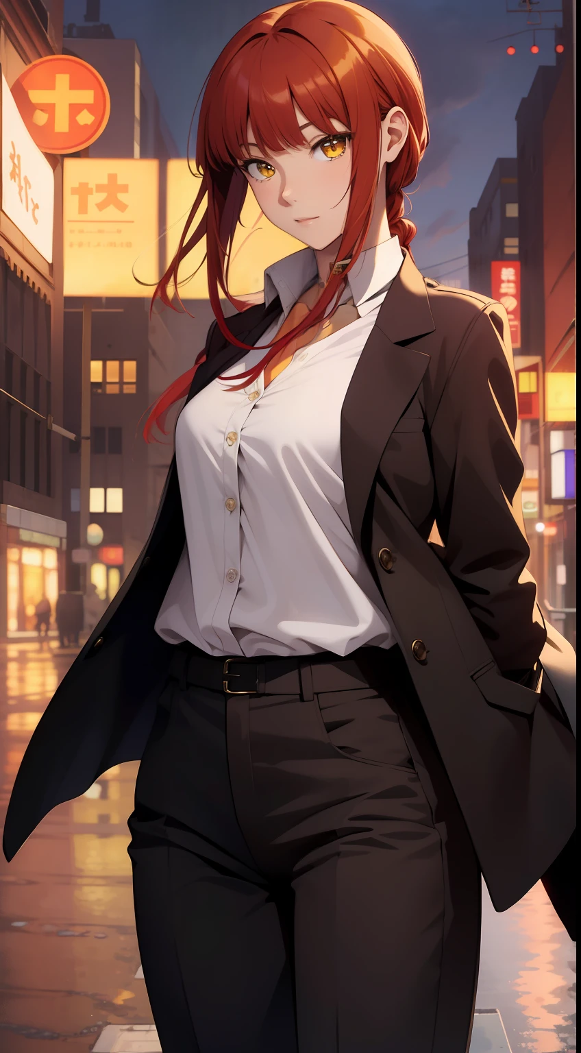 (masterpiece, best quality:1.2), solo, 1girl, red hair, yellow eyes, makima,, unbuttoned shirt with collar, on the chest, a lot of, black unbuttoned pants, wide hips, black coat