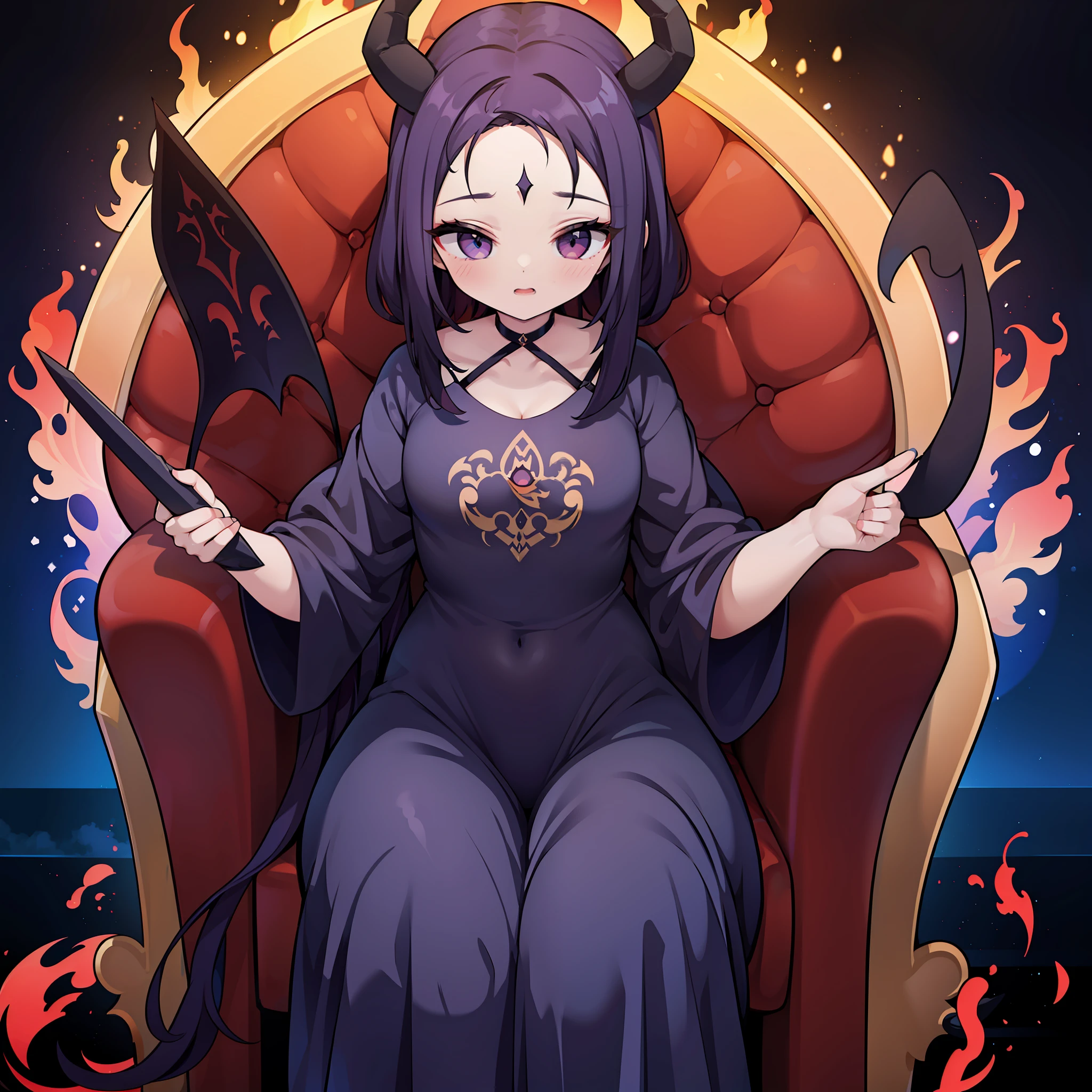 A diabolical queen on her throne. With infinite beauty and eyes of incredible expressiveness. Vestido de una manera encantadora, She carries a strange sword in her hands....... Around its demonic energy flows like flares of intense color..