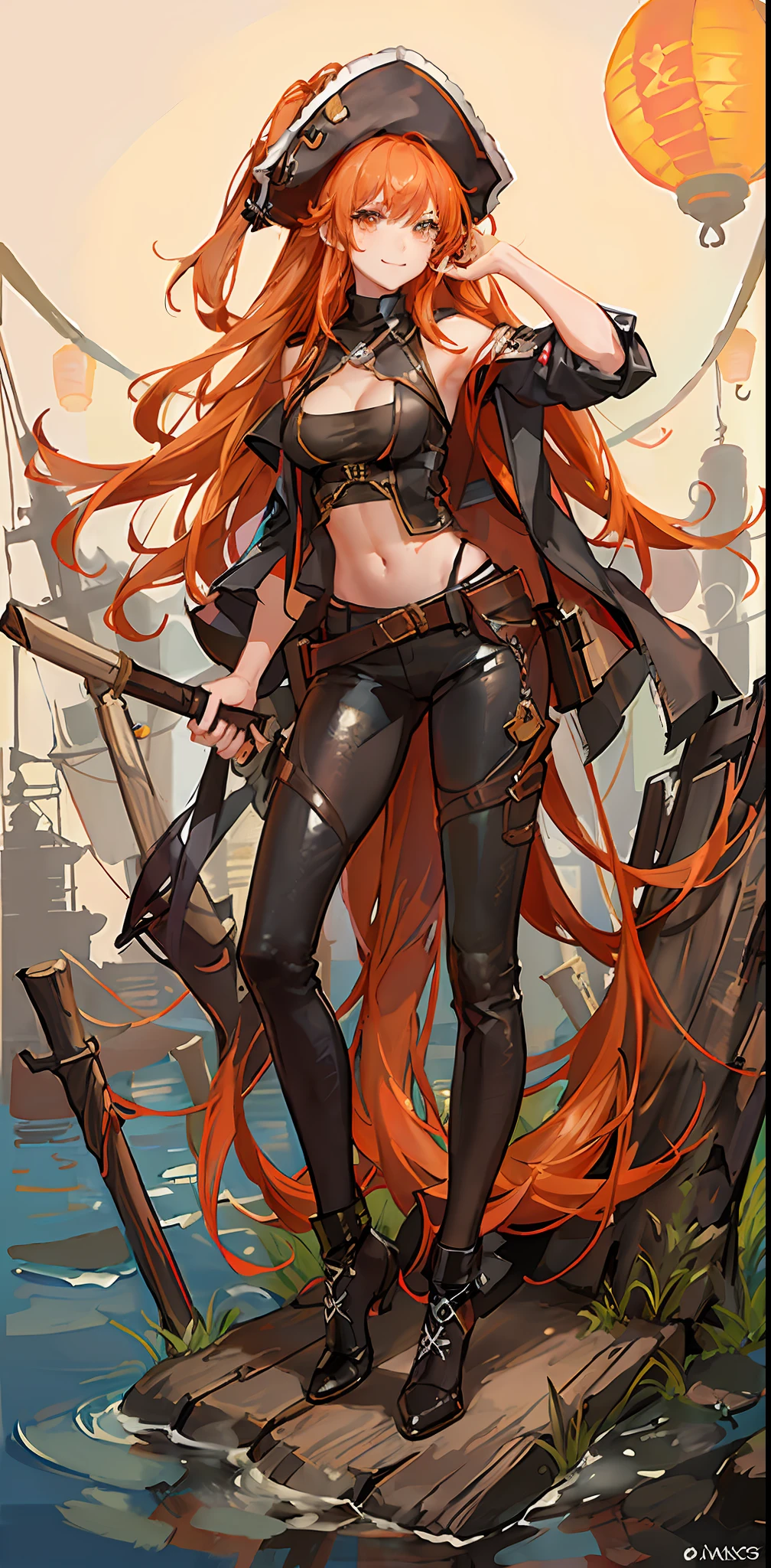 pirate, torn blouse, medium breasts, brown leather pants, toned body, orange hair, curly wet hair, waist length hair, confident smirk, pirate ship, tentacles reaching for her body, tentacles wrapped around her legs, night time, lanterns lighting the area