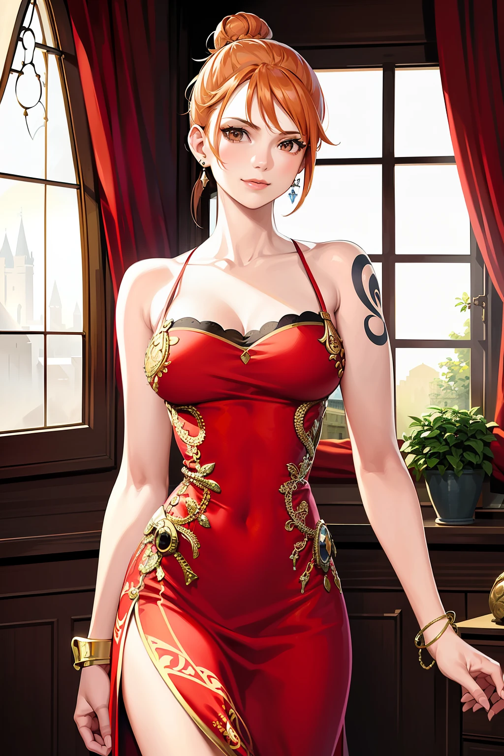 ultra realistic 8k cg, masterpiece, ((ultra detailed background, delicate pattern, intricate detail)), (highly detailed, fine details), best quality,  (photorealistic:1.4),beautiful lighting, absurdres, RAW photo, film grain,  NamiV2, 1girl, orange hair, solo, long hair, jewelry, ((medium breasts, slim girl, dress, red dress, elegant clothing, hair in a bun)), (((left shoulder tattoo))), brown eyes, smile, earrings, bracelet, bare shoulders, (complex detailed background, inside, castle room environment, medieval castle, gray walls, window, bookshelf), ((cowboy shot)),