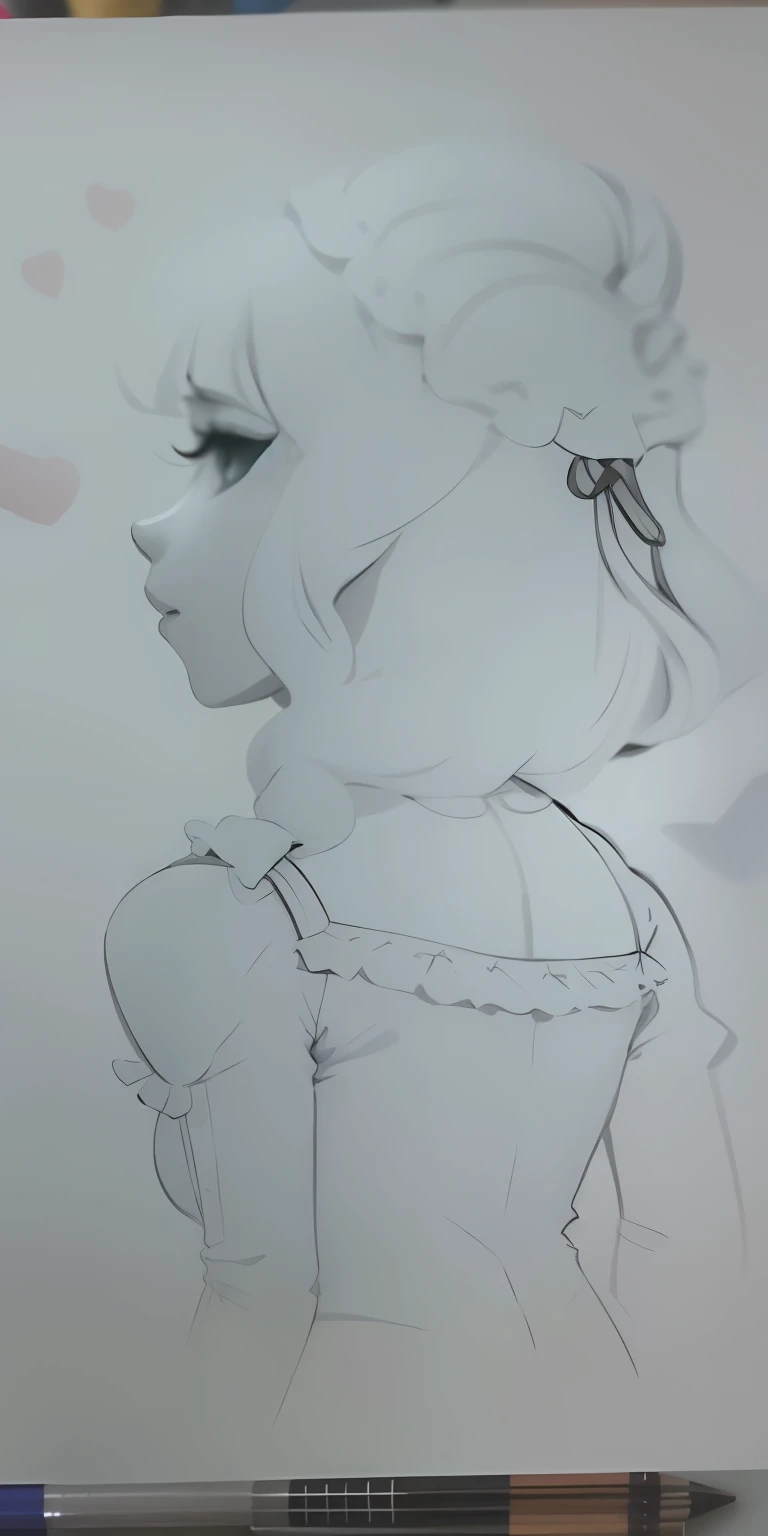 pencil draw, uma menina com um rabo de cavalo e um vestido sombreamento, desenho desbotado.