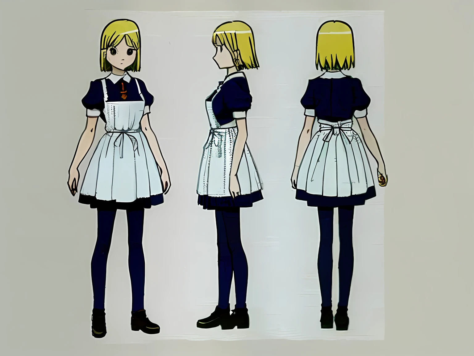 ((tmasterpiece)), (((beste-Qualit))), (Character design sheet, The same full-length character, on front, from on the side, At the back), illustartion,((Masterpiece)), (((Best Quality)), illustartion, 1 girl in a Soviet school uniform, white apron, lace, fishnet pantyhose, tomboy, blond, Kenma's hairstyle,, (Simple background, whitebackground: 1.3) ,--6