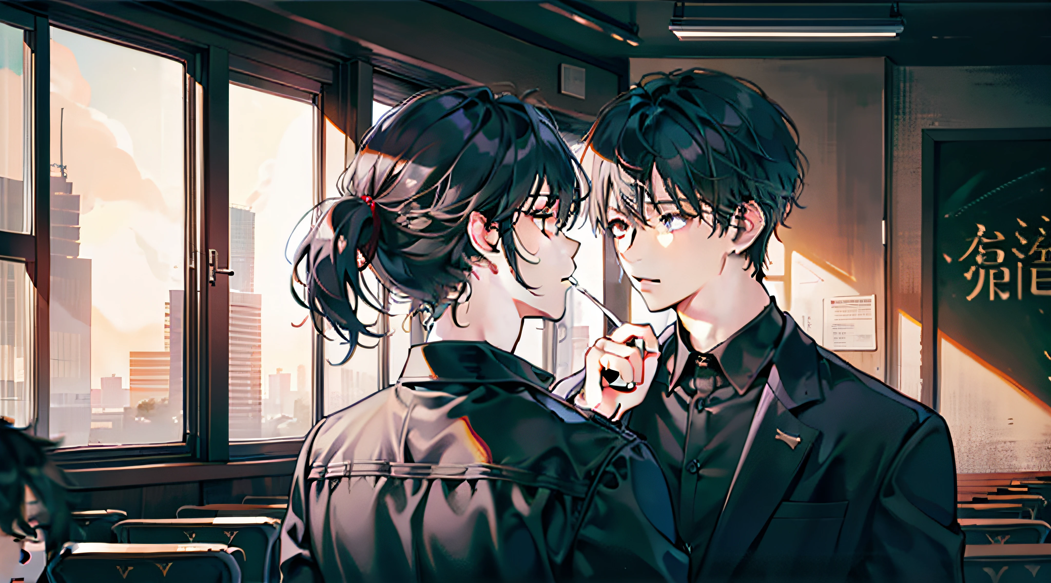 1 man,Classroom,Black color hair,leaning back against the wall,smokes,The light of dusk shines in the classroom,