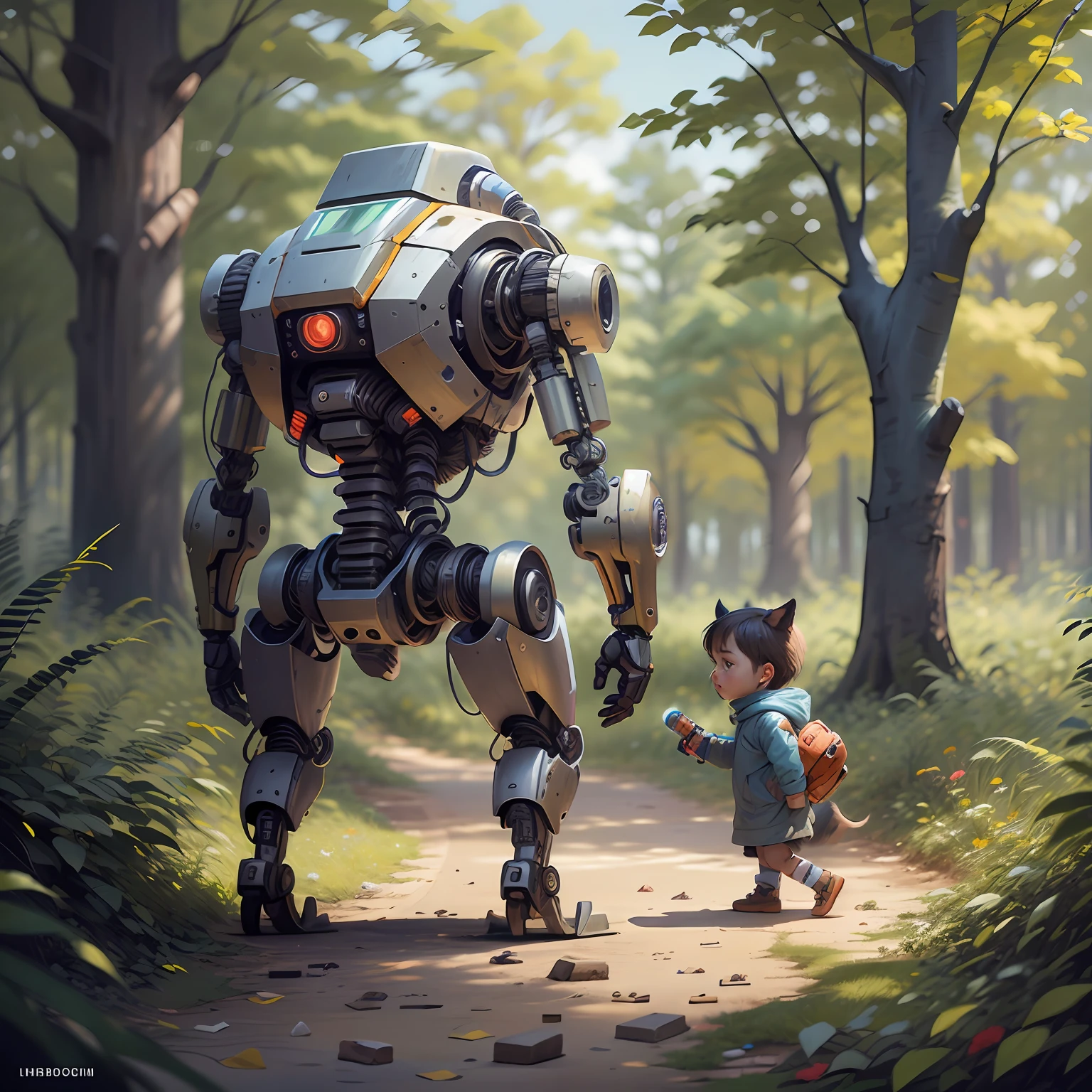 solo, full body, best quality, artwork, ultra realistic, a  with the robotic arm, another child made of steel, a robotic dog, playing in the yard, trees in the background, drones broken on the ground