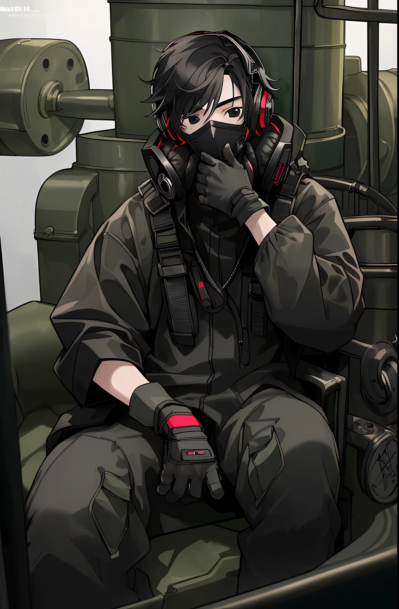 (masterpiece, best quality, colorful), young 16 years old man with black hair in black techwear with gloves sitting in tank with headphones, black mask on face, black eyes