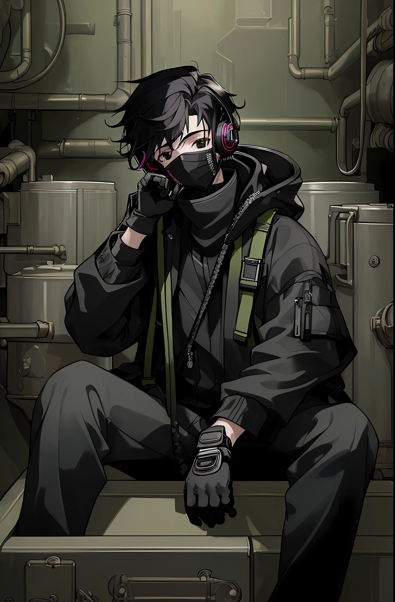 (masterpiece, best quality, colorful), young 16 years old man with black hair in black techwear with gloves sitting in tank with headphones, black mask on face, black eyes
