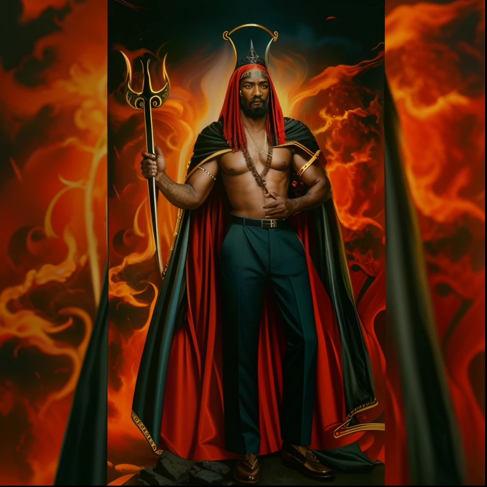 uma pintura de um homem vestido com cartola e capa, Snoop Dogg as a barbarian, O Rei do Inferno, Rei do inferno, Deus masculino bonito da morte, O Deus Imperador da Humanidade, satan in hell, Homem Diabo de Corpo Inteiro, simetria!! Retrato de Hades, oil canvas of lucifer, O Deus Hades, O Rei do Fogo, Papa Legba