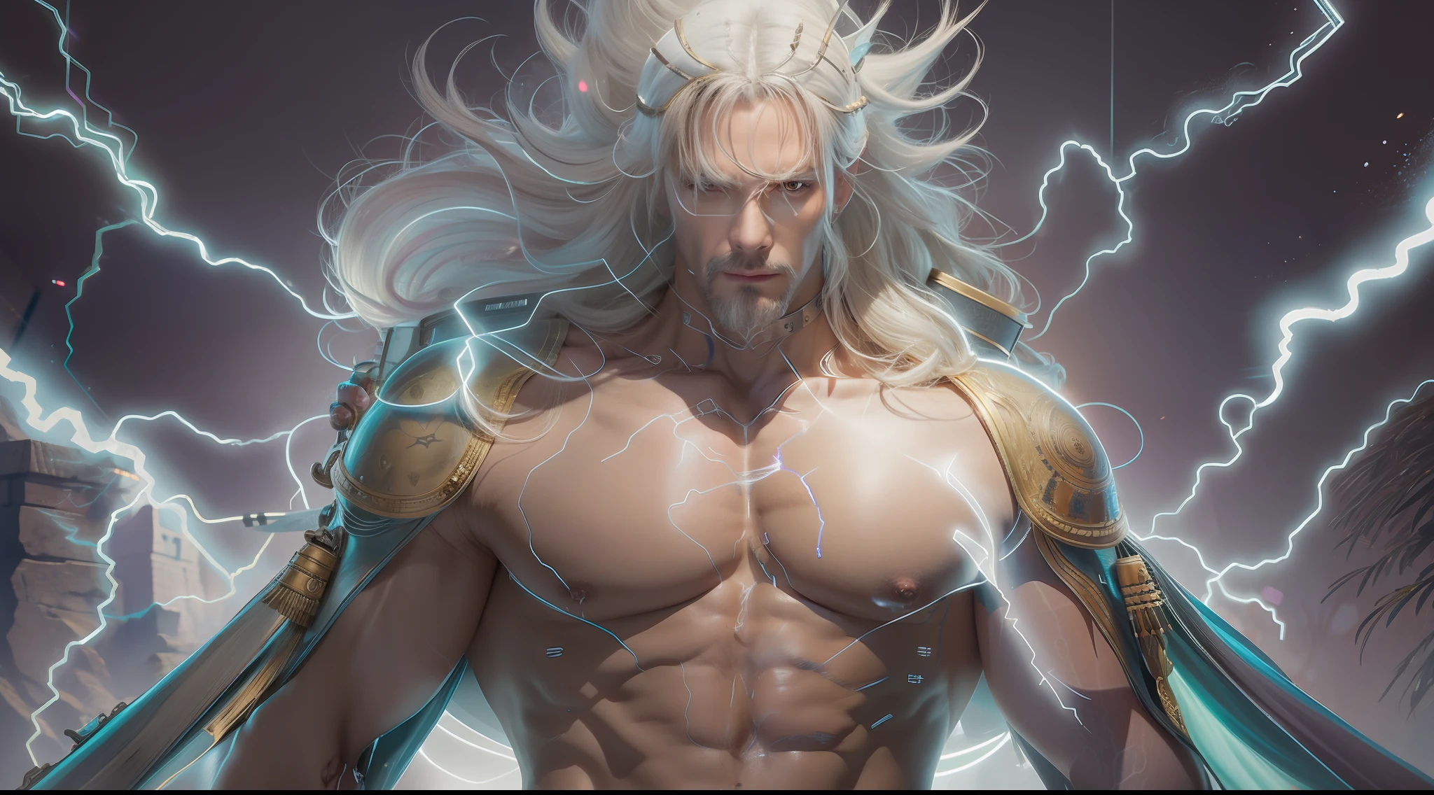 Full potrait of Rugged muscular zeus greek god of lightening, anime version,full long white hair highly intricate detailed, light and shadow effects, intricate, highly detailed, digital painting, art station, concept art, smooth, sharp focus, illustration, advanced digital anime art, atmospheric lighting, detailed face, 8 k, hq, artstation, by makoto shinkai, stanley artgerm lau, wlop, rossdraws ”