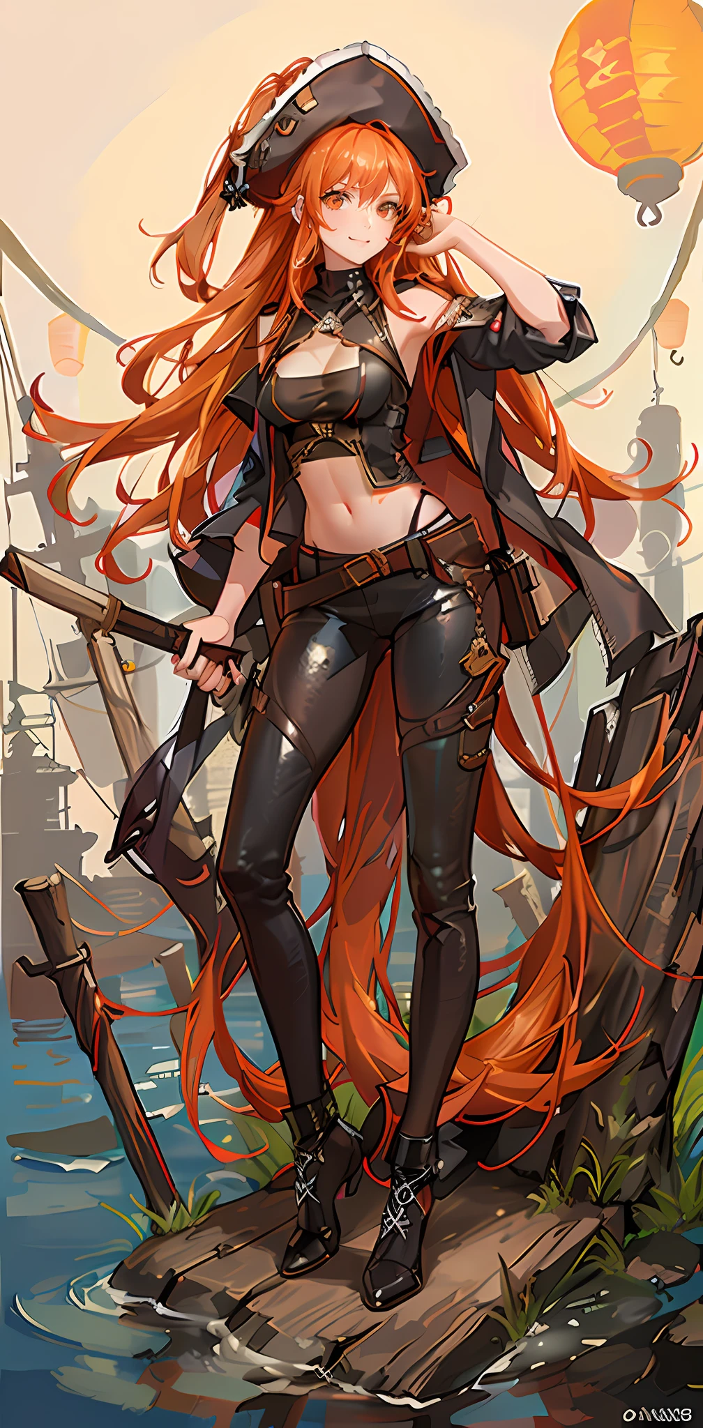 pirate, torn blouse, medium breasts, brown leather pants, toned body, orange hair, curly wet hair, waist length hair, confident smirk, pirate ship, tentacles reaching for her body, tentacles wrapped around her legs, night time, lanterns lighting the area