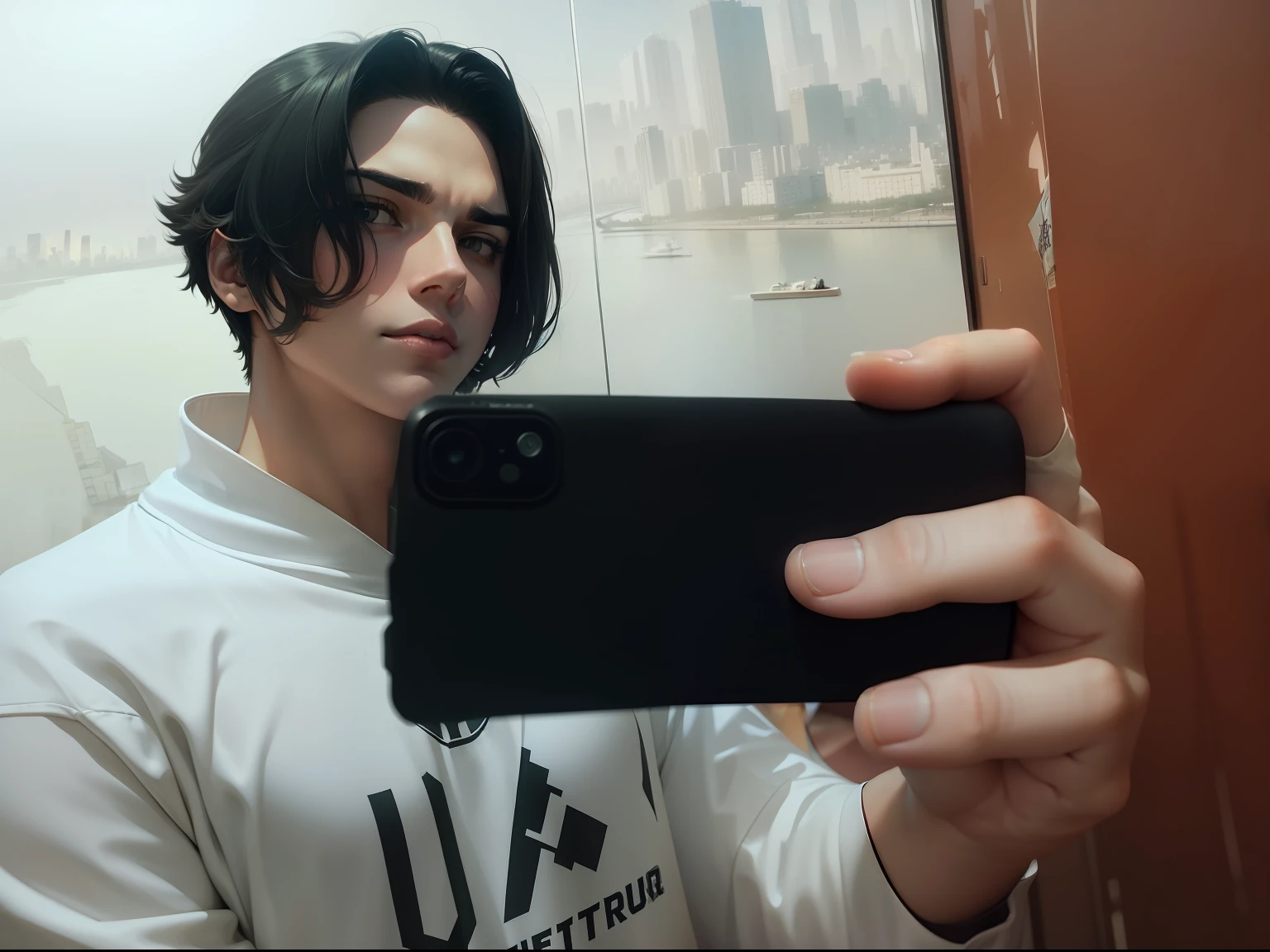change the scenery behind to a city at night, Change the photo aesthetic to an anime aesthetic, ((( troque a cor da camisa para preta)))