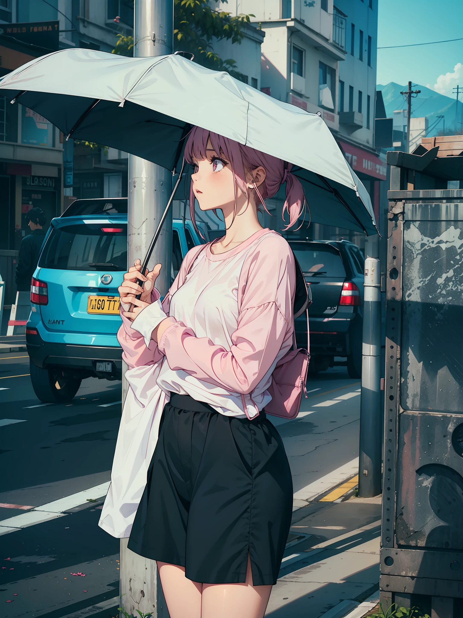 girl with, Light pink long sleeve cutter shirt