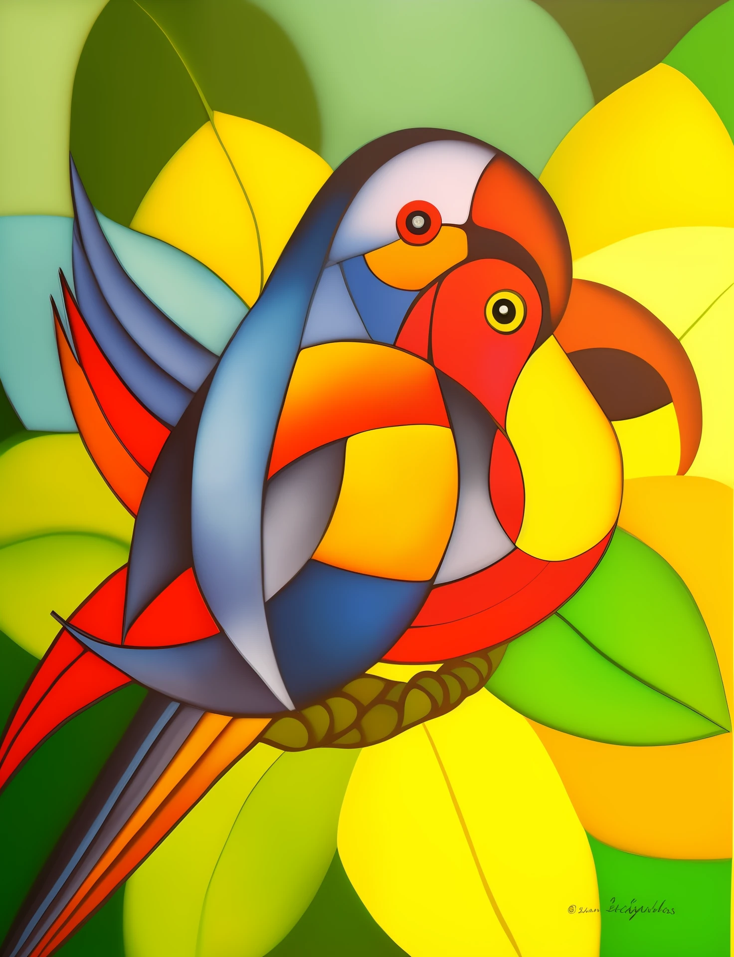 painting of two colorful birds sitting on a branch with leaves, Papagaios, inspirado em Jean Metzinger, colored birds, cubistas adoram, inspirado em Franz Marc, inspirado em Martiros Saryan, aves tropicais, pintura cubista, brightly coloured oil on canvas, estilo picasso, ntricate oil painting, bright colors oil on canvas, papagaio