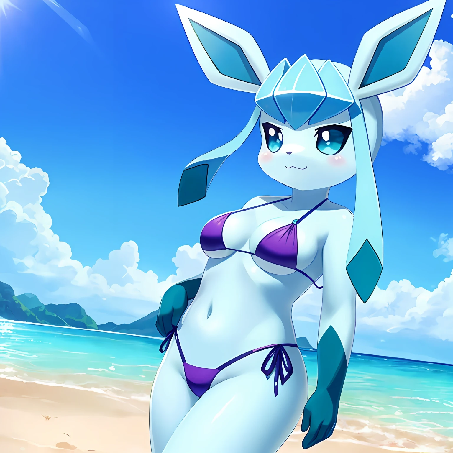 glaceon, Beautiful Art Style, 1girl, solo, playa, bikini, ropa con estampado de vaca, bikini con estampado de vaca, sonrisa picara, mirando al espectador, piel lightblue.