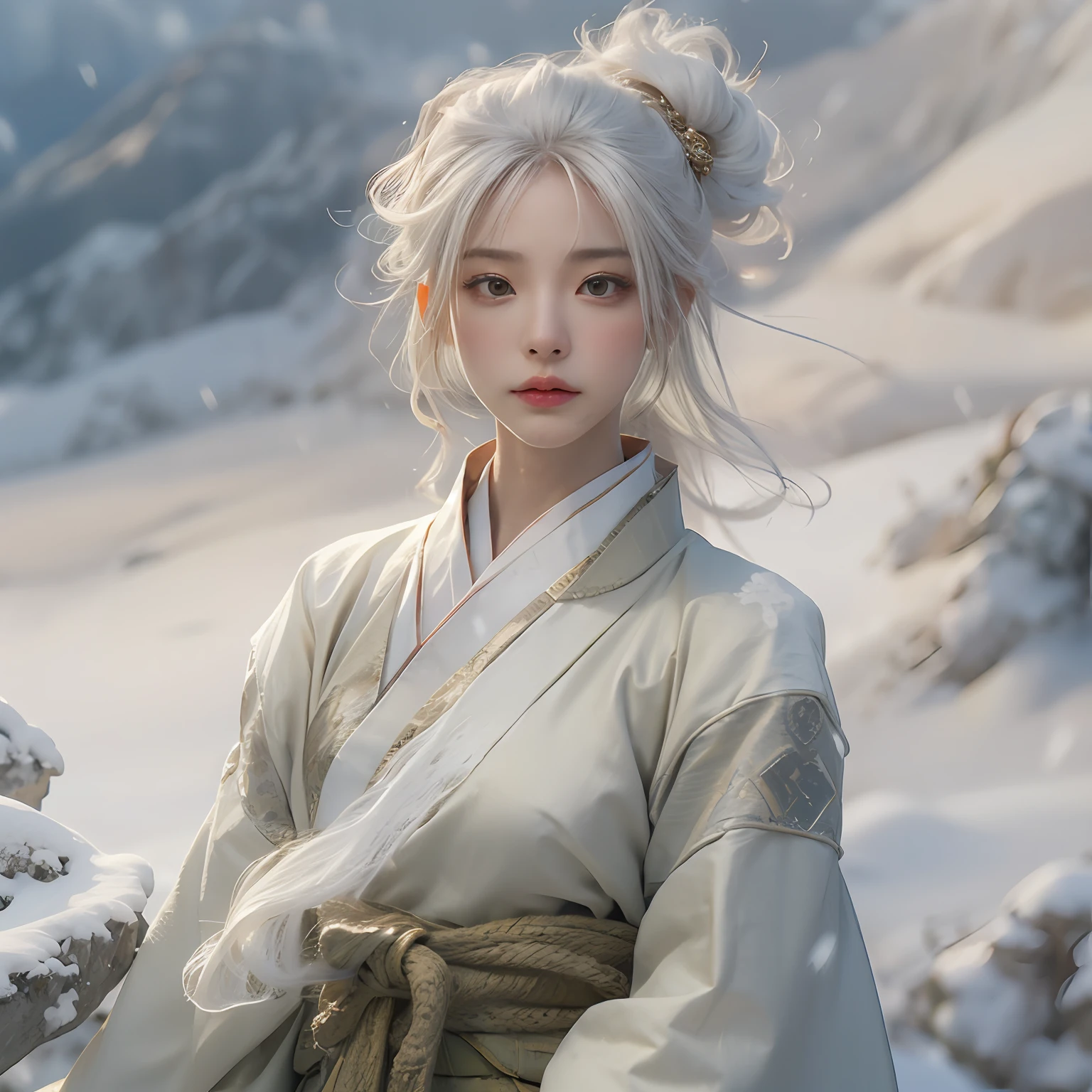 8K， super detailing，Don Dao， anatomy correct，a pregirl，（Fighting posture:1.5），独奏， A long sword in his hand，Hanfu，short  skirt， super detailing，  tmasterpiece，On the outside，snowy mountain background，Winters，snowflower，dynamic view，Full body like，Shoulders exposed，鎖骨，Golden ratio figure，scowling， beauitful face，rape face， White hair， messy  hair， From the side Side，Eyes full of details，Optimal proportions of four fingers and one thumb，