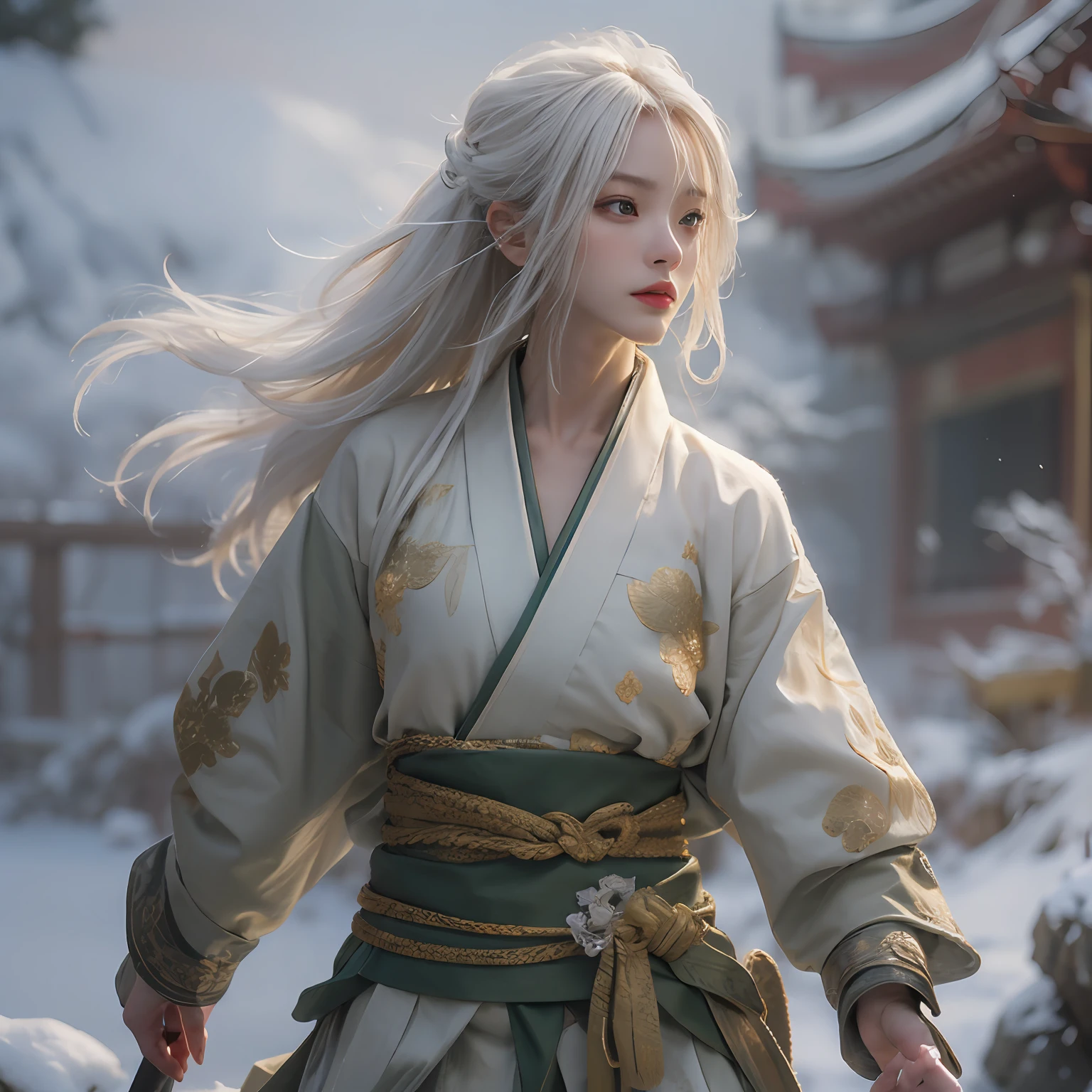 8K， super detailing，Don Dao， anatomy correct，a pregirl，（Fighting posture:1.5），独奏， A long sword in his hand，Hanfu，short  skirt， super detailing，  tmasterpiece，On the outside，snowy mountain background，Winters，snowflower，dynamic view，Full body like，Shoulders exposed，鎖骨，Golden ratio figure，scowling， beauitful face，rape face， White hair， messy  hair， From the side Side，Eyes full of details，Optimal proportions of four fingers and one thumb，