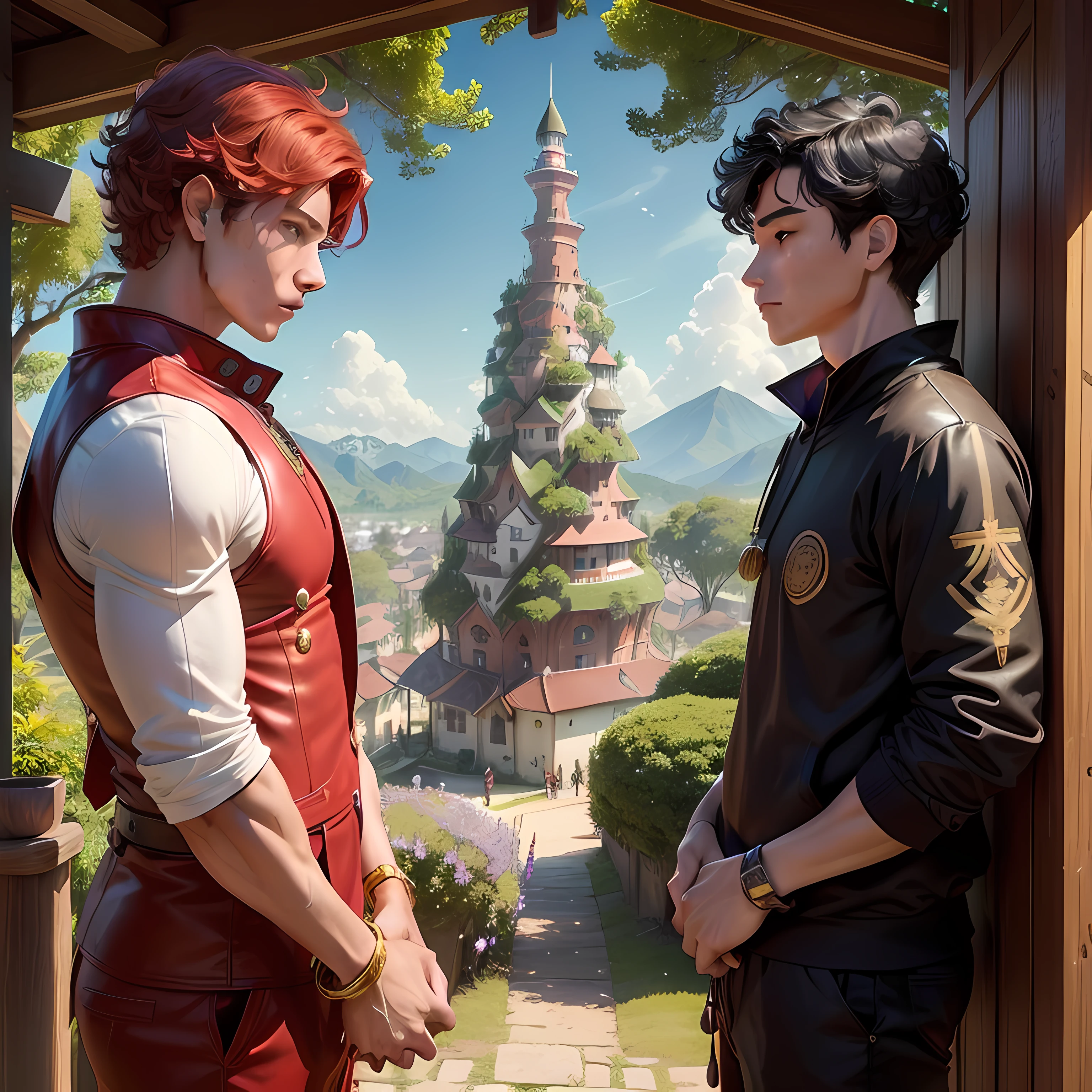 Two teenage boys (one with brown skin, short curly red hair, wears a crimson-colored suit, and has several gold bracelets up his sleeves: 1.1) (the other boy has medium black hair, pale skin, wears a dark purple/black sweatshirt and a purple amaranth flower in the ear: 1.1) they are looking at a village (with big cherry trees, bamboos and a giant tower with the 4 elements water, fire, air, earth on top and around it: 1.1 ) from the top of a big mountain.