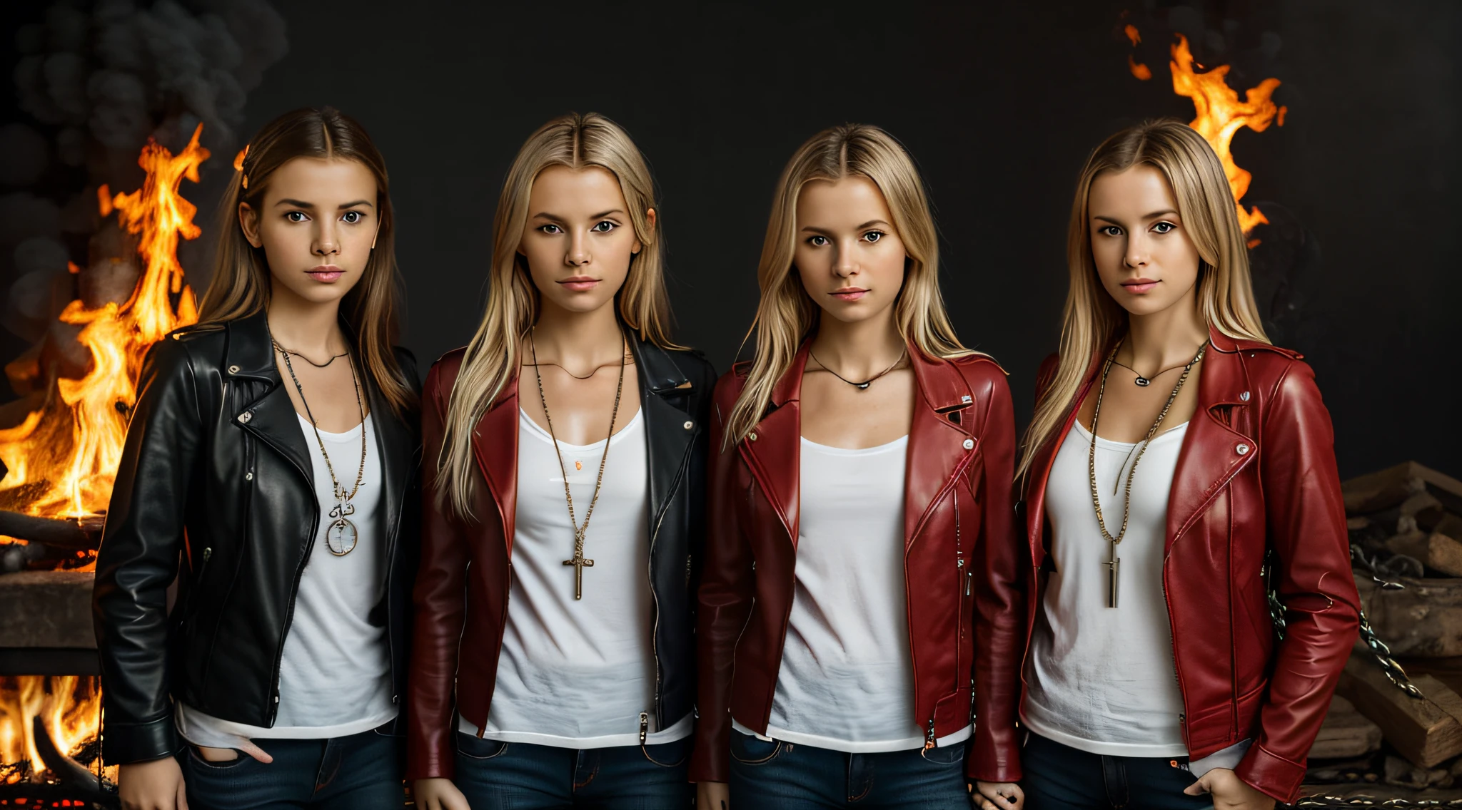 A half body, portrait of 3 girls German children long platinum blonde hair of , red leather jackets, holding in their hands a cross, background of chains, chain, more chains, many chains, , red, red fire, many background flames.