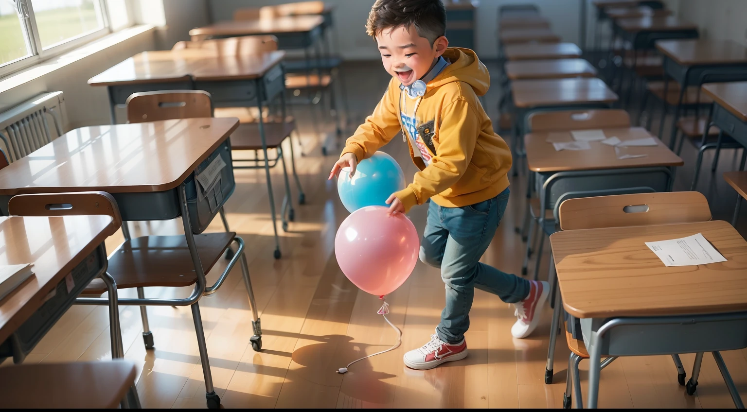 A ??? bursting a balloon, with a pin, in a classroom.