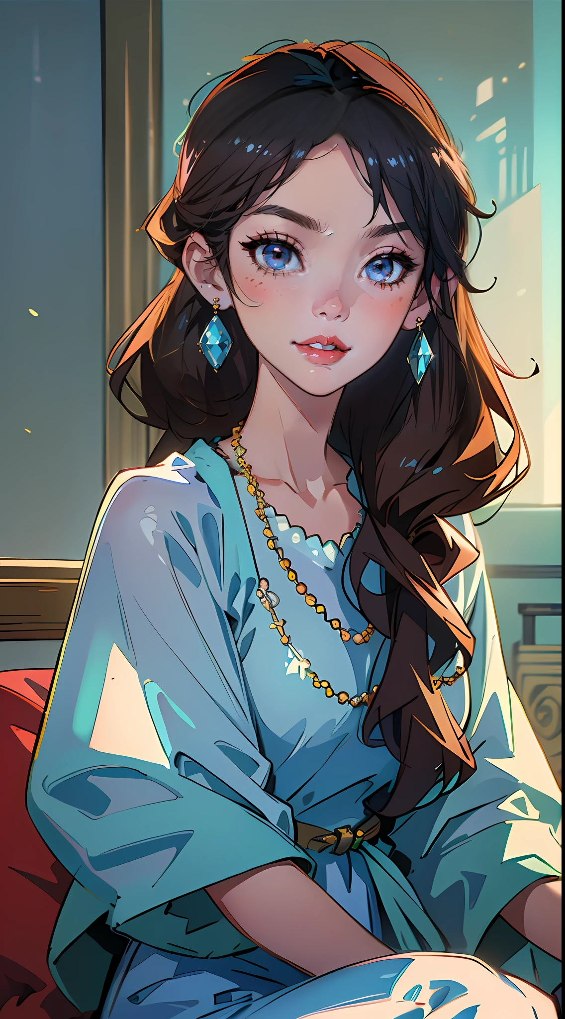 A pure beauty,(hyper HD),(Higher quality),(8K分辨率),first person perspective,Delicate facial features,Soft face,clear big eyes,Warm smile,Smooth long hair,Bead-chain earrings,Necklace embellishment,(Sit upright),(dim lit),Natural light exposure,dream style。