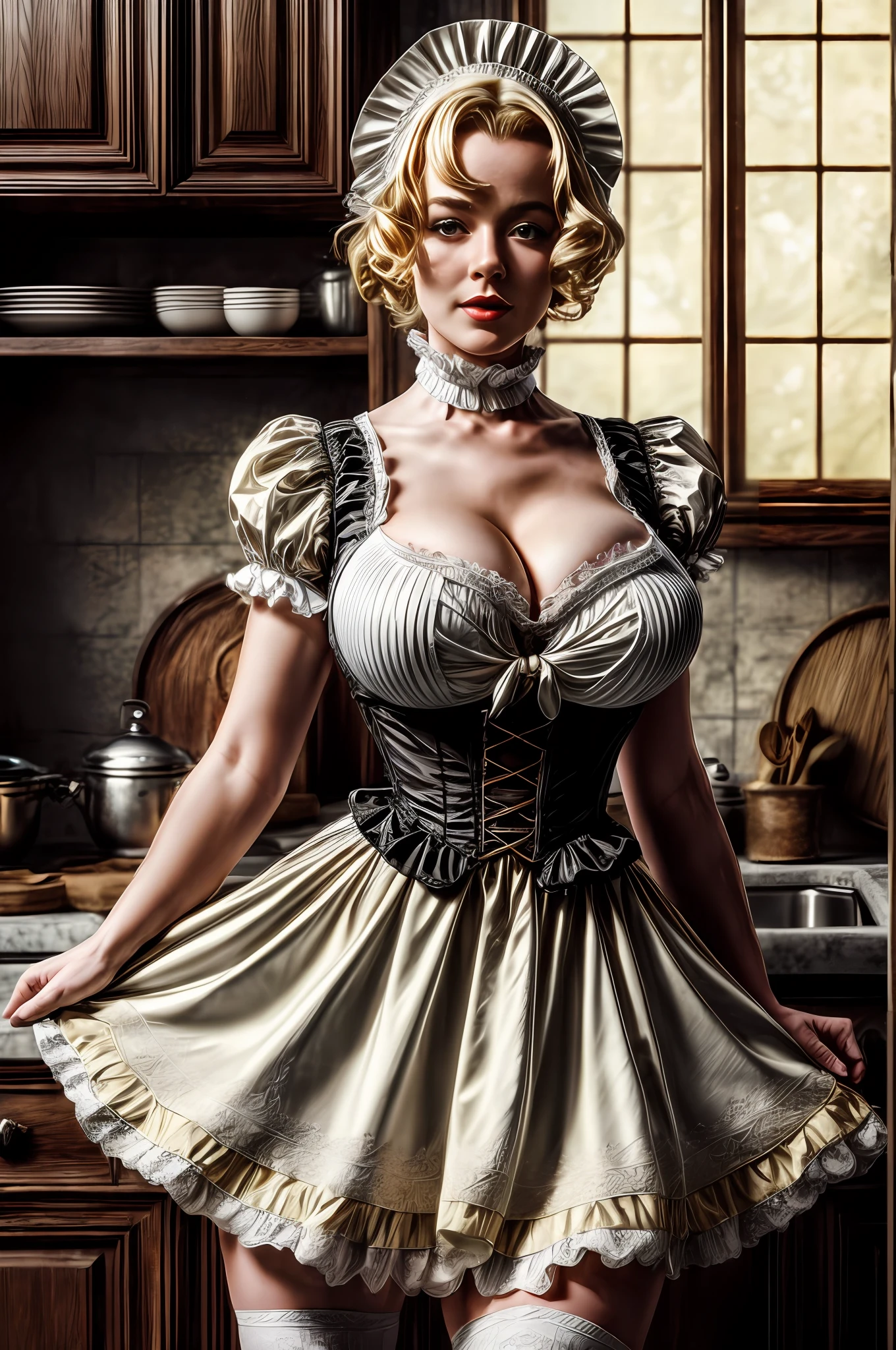 cute blond german maid full body photography, photorealistic modern, in the style of , Artstation Deviant art Pinterest Cgsociety Behance Pixiv, sunlight, ((victorian maid outfit)), very huge boobs, cleavage, thick tighs, kitchen background, young face, smooth and pale skin, (marylin monroe haircut), blue eyes, intricate scenery HDR post-processing 4k cinematic fine details very detailed trending on artstation