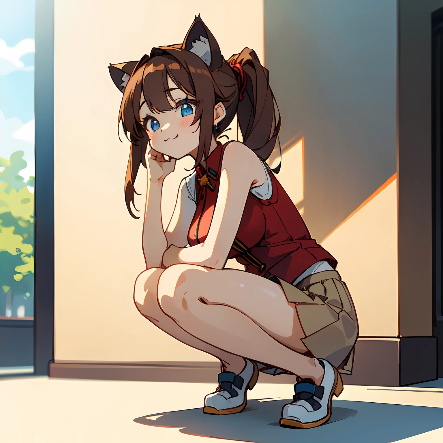 (Highly detailed CG Unity 8k wallpaper), (Best Quality), (Super Detail), (Best Illustration), (Best Shadow), POV, Realistic lighting and shading, Natural light, Lens flare effect, BREAK, 1 beautiful girl, Solo,(Cute:1.5),(Chibi:0.8), (kawaii:1.5),(Lori:0.5), BREAK, ( ( girl), Very detailed, colourfull, highest details, BREAK, (Huge breasts: 1. 2,), Clear skin, Beautiful skin, Shy skin, 1 beautiful girl, Brown hair, (Cat ears, Ponytail, medium-Long hair: 1. 2), (Light blue eyes, long eyelashes, Double eyelids: 1. 2), Solo,red blush, gleaming skin, BREAK,(skirt by the,a miniskirt,Beige skirt:1.2), (Sleeveless, sleeveless shirts, Red Shirt:1.2), (star-shaped earring:1.1), (Lace headband:1.0), (Cute back:1.3), (A smile,Happiness:1.1), (Squatting,Pulling up her skirt with both hands,Showing pants,Open legs,Stripe String Pan:1.3), (Angle from below:1.1), BREAK,