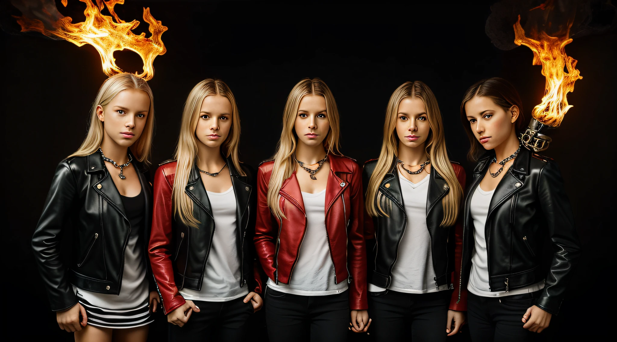 A half body, portrait of 3 girls German children long platinum blonde hair of 12 years, red leather jackets, holding in their hands a cross, background of chains, chain, more chains, many chains, , red, red fire, many background flames.