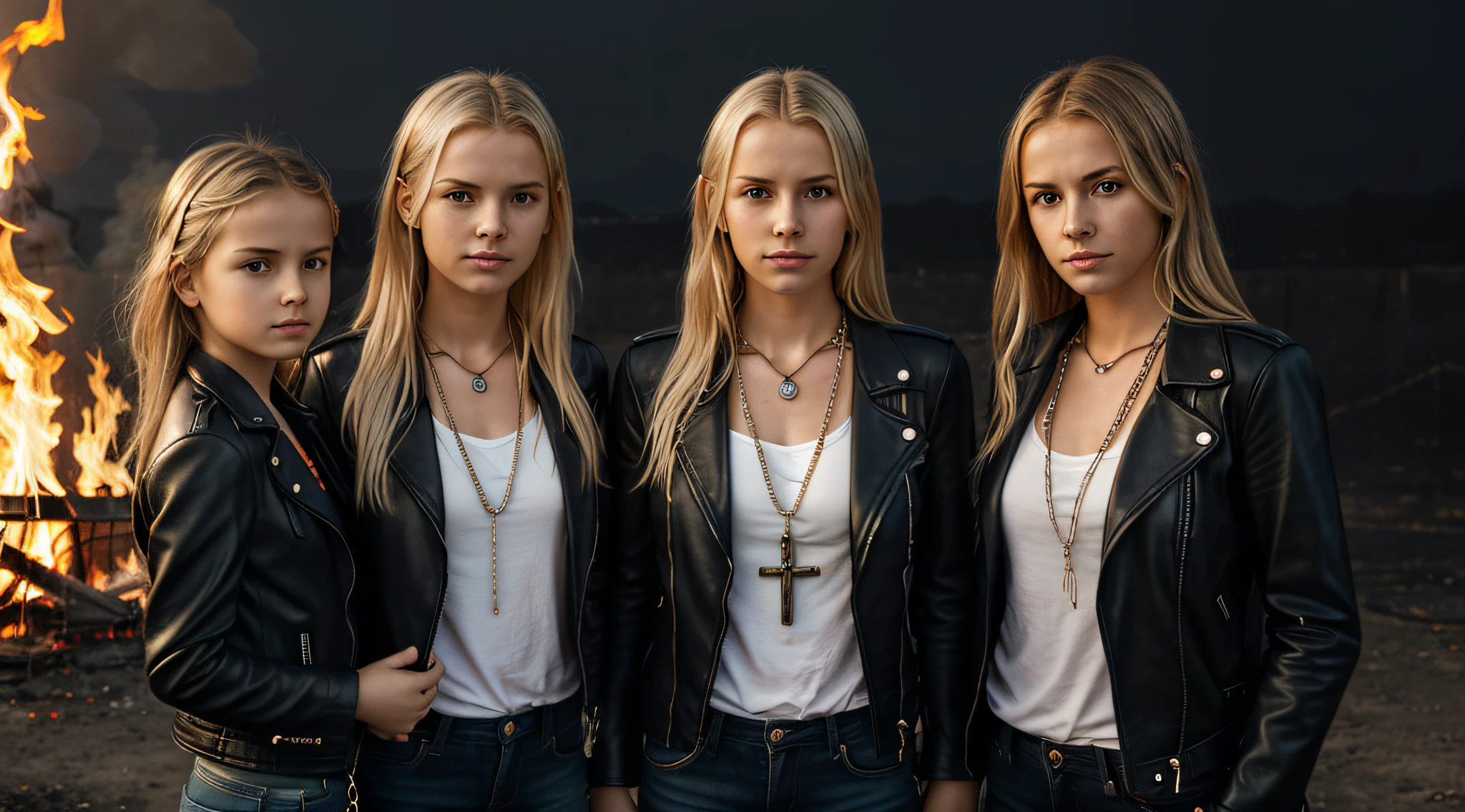 A half body, portrait of 3 girls German children long platinum blonde hair of 12 years, red leather jackets, holding in their hands a cross, background of chains, chain, more chains, many chains, , red, red fire, many background flames.