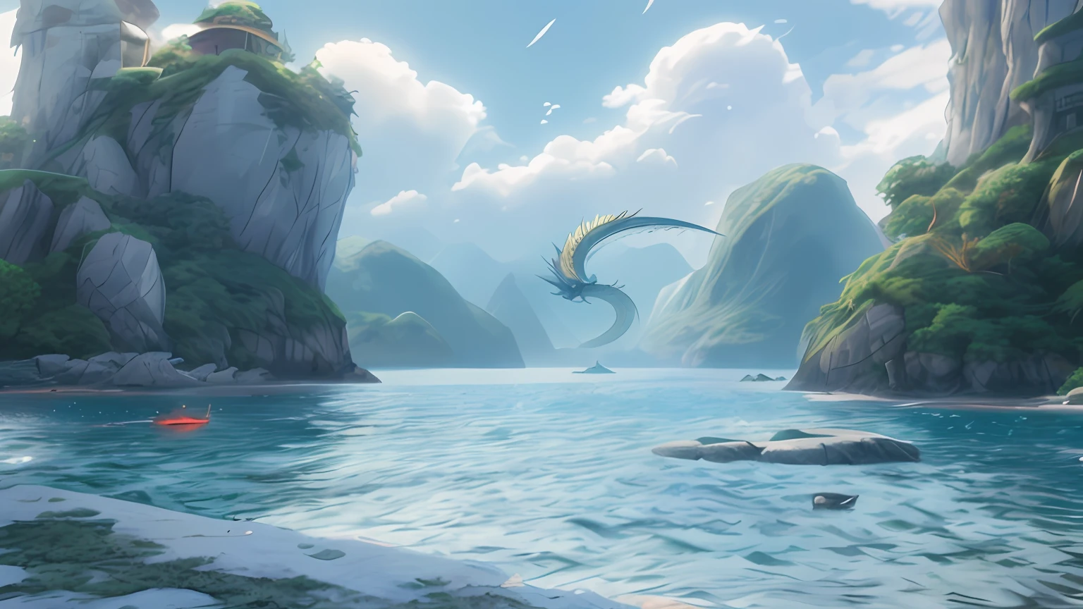 There is a picture of a dragon flying over a body of water, avatar landscape, Island background, from bravely default ii, loading screen, ethereal eel, summer unreal engine 5, Concept art wallpaper 4K, anime concept hdr anime macmanus, loadscreen”, pc screenshot, environment artist, ultradetailed, Fine details. Anime. Tentacles, videogame still，A dragon，Dragon Dragon Dragon， Dragon centered, Dragon Art, majestic japanese dragon, inspired by Noriyoshi Ohrai, Dragon in the background, Chinese Dragon