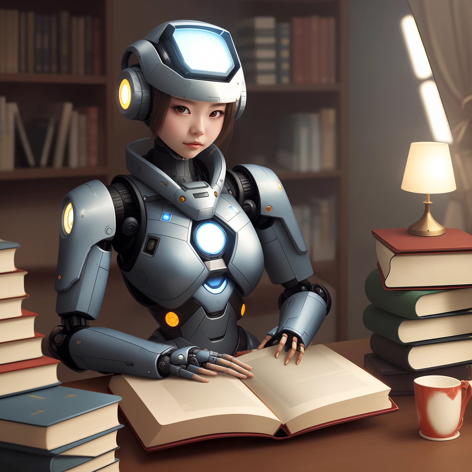 There is a robot that is sitting at a table with a book, menina ciborgue bonito, Cyber Escola Menina, menina em mecha cyber armor, beautiful robot character design, artificial intelligence princess, menina bonita ciborgue, menina ciborgue, Arte da Biblioteca Espacial Borne, Eco de Overwatch, Japanese Sci - Fi Art Books, mulher nobre ciborgue, robot girl, ciborgue - menina