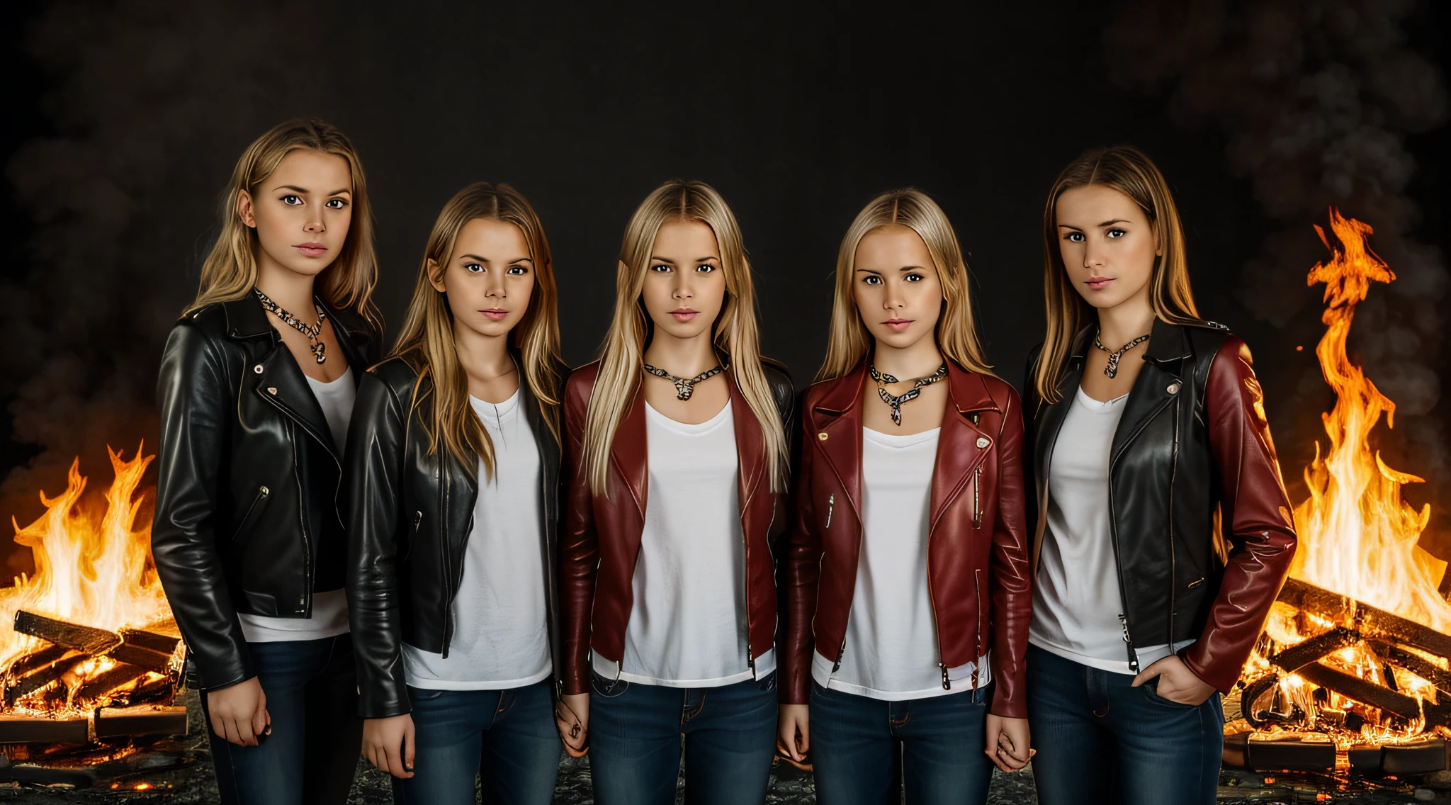 A half body, portrait of 3 girls German children long platinum blonde hair of 12 years, red leather jackets, holding in their hands a cross, background of chains, chain, more chains, many chains, , red, red fire, many background flames.
