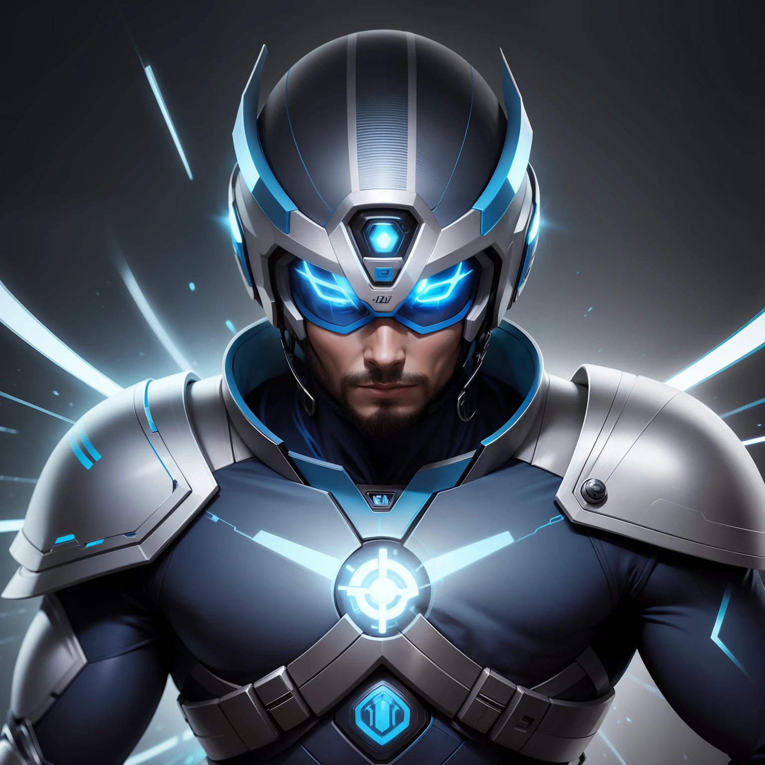 Homem, cabelo branco e curto, armadura futurista preta com detalhes em azul neon, capa,Olhos azuis claros, in the hands has a bright blue energy light