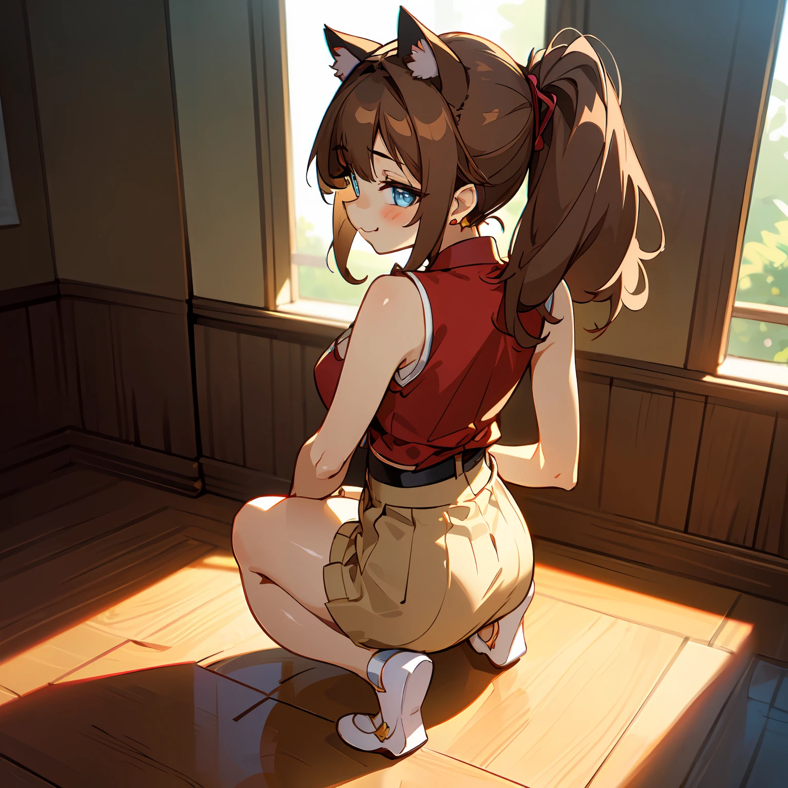 (Highly detailed CG Unity 8k wallpaper), (Best Quality), (Super Detail), (Best Illustration), (Best Shadow), POV, Realistic lighting and shading, Natural light, Lens flare effect, BREAK, 1 beautiful girl, Solo,(Cute:1.5),(Chibi:0.8), (kawaii:1.5),(:0.5), BREAK, ( (17 yl), Very detailed, colourfull, highest details, BREAK, (Huge breasts: 1. 2,),skin, Beautiful skin, Shy skin, 1 beautiful girl, Brown hair, (Cat ears, Ponytail, medium-Long hair: 1. 2), (Light blue eyes, long eyelashes, Double eyelids: 1. 2), Solo,red blush, gleaming skin, BREAK,(skirt by the,a miniskirt,Beige skirt:1.2), (Sleeveless, sleeveless shirts, Red Shirt:1.2), (star-shaped earring:1.1), (Lace headband:1.0), (Cute back:1.3), (A smile,Happiness:1.1), (Squatting,Rolling up her skirt with both hands,Open legs,Stripe String Pan:1.3), (Angle from the front:1.1), BREAK,