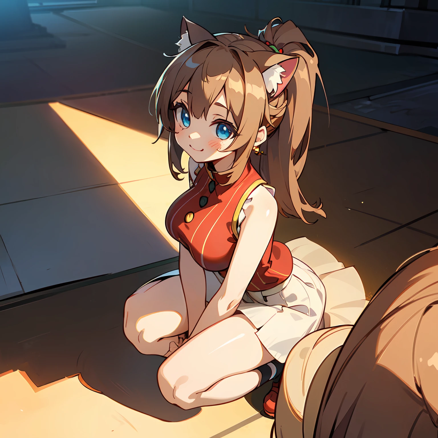 (Highly detailed CG Unity 8k wallpaper), (Best Quality), (Super Detail), (Best Illustration), (Best Shadow), POV, Realistic lighting and shading, Natural light, Lens flare effect, BREAK, 1 beautiful girl, Solo,(Cute:1.5),(Chibi:0.8), (kawaii:1.5),(Lori:0.5), BREAK, ( ( girl), Very detailed, colourfull, highest details, BREAK, (Huge breasts: 1. 2,), Clear skin, Beautiful skin, Shy skin, 1 beautiful girl, Brown hair, (Cat ears, Ponytail, medium-Long hair: 1. 2), (Light blue eyes, long eyelashes, Double eyelids: 1. 2), Solo,red blush, gleaming skin, BREAK,(skirt by the,a miniskirt,Beige skirt:1.2), (Sleeveless, sleeveless shirts, Red Shirt:1.2), (star-shaped earring:1.1), (Lace headband:1.0), (Cute back:1.3), (A smile,Happiness:1.1), (Squatting,Rolling up her skirt with both hands,Open legs,Stripe String Pan:1.3), (Angle from the front:1.1), BREAK,