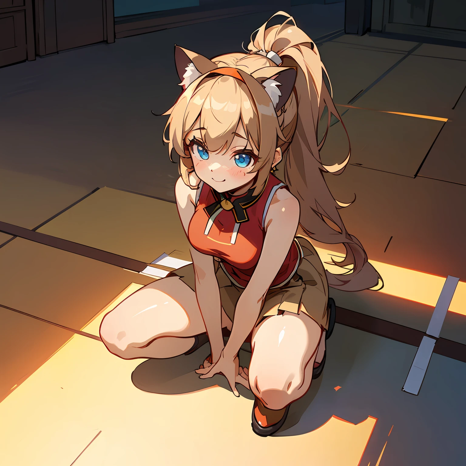 (Highly detailed CG Unity 8k wallpaper), (Best Quality), (Super Detail), (Best Illustration), (Best Shadow), POV, Realistic lighting and shading, Natural light, Lens flare effect, BREAK, 1 beautiful girl, Solo,(Cute:1.5),(Chibi:0.8), (kawaii:1.5),(Lori:0.5), BREAK,  ( (17 years old girl), Very detailed, colourfull, highest details, BREAK, (Huge breasts: 1. 2,), Clear skin, Beautiful skin, Shy skin, 1 beautiful girl, Brown hair, (Cat ears, Ponytail, medium-Long hair: 1. 2), (Light blue eyes, long eyelashes, Double eyelids: 1. 2), Solo,red blush,  gleaming skin, BREAK,(skirt by the,a miniskirt,Beige skirt:1.2), (Sleeveless, sleeveless shirts, Red Shirt:1.2),  (star-shaped earring:1.1), (Lace headband:1.0), (Cute back:1.3), (A smile,Happiness:1.1), (Squatting,Rolling up her skirt with both hands,Open legs,Stripe String Pan:1.3),  (Angle from the front:1.1), BREAK,