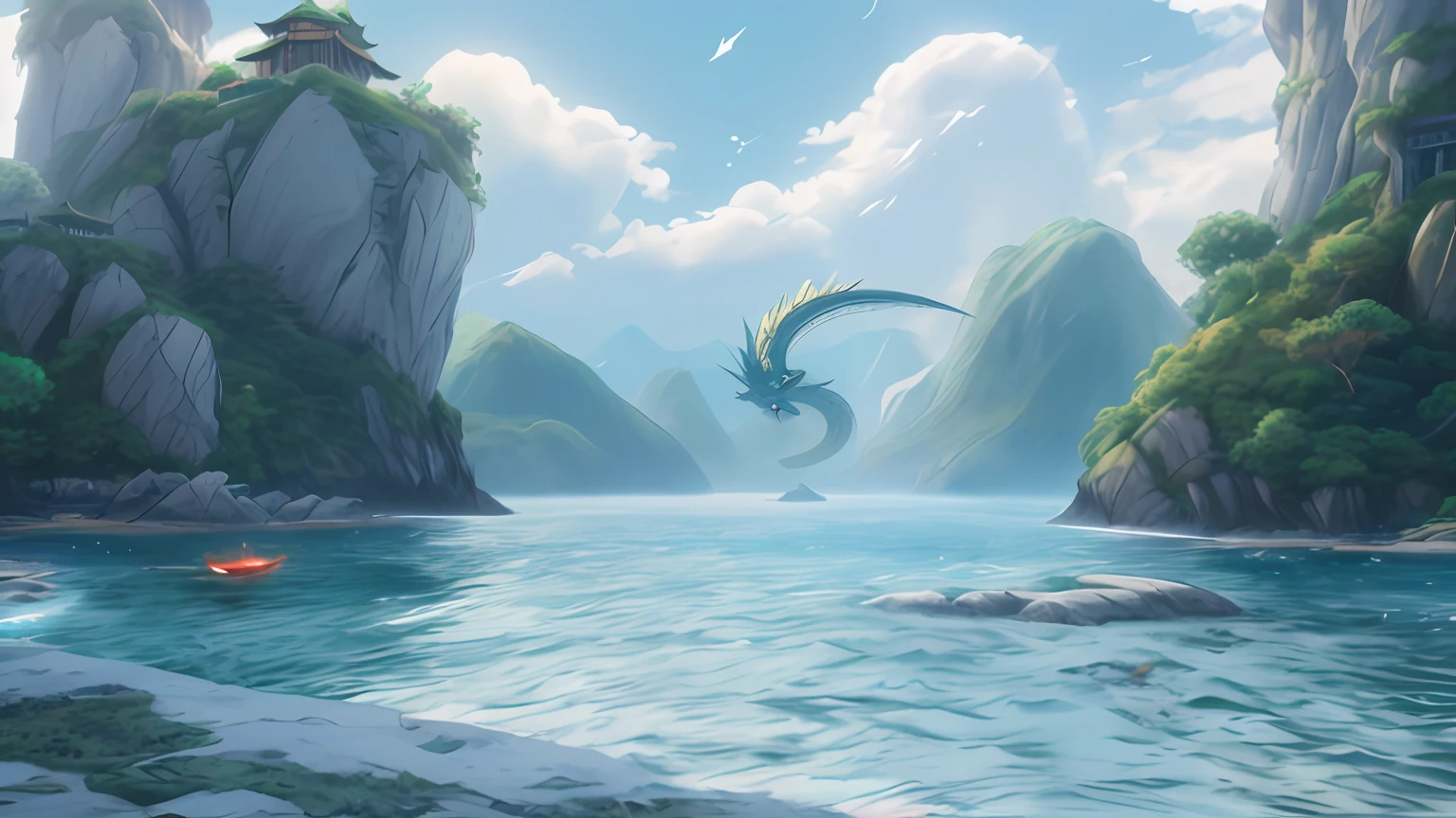 There is a picture of a dragon flying over a body of water, avatar landscape, Island background, from bravely default ii, loading screen, ethereal eel, summer unreal engine 5, Concept art wallpaper 4K, anime concept hdr anime macmanus, loadscreen”, pc screenshot, environment artist, ultradetailed, Fine details. Anime. Tentacles, videogame still，A dragon，Dragon Dragon Dragon， Dragon centered, Dragon Art, majestic japanese dragon, inspired by Noriyoshi Ohrai, Dragon in the background, Chinese Dragon，The dragon is in the middle，Accounts for one-fourth of the article