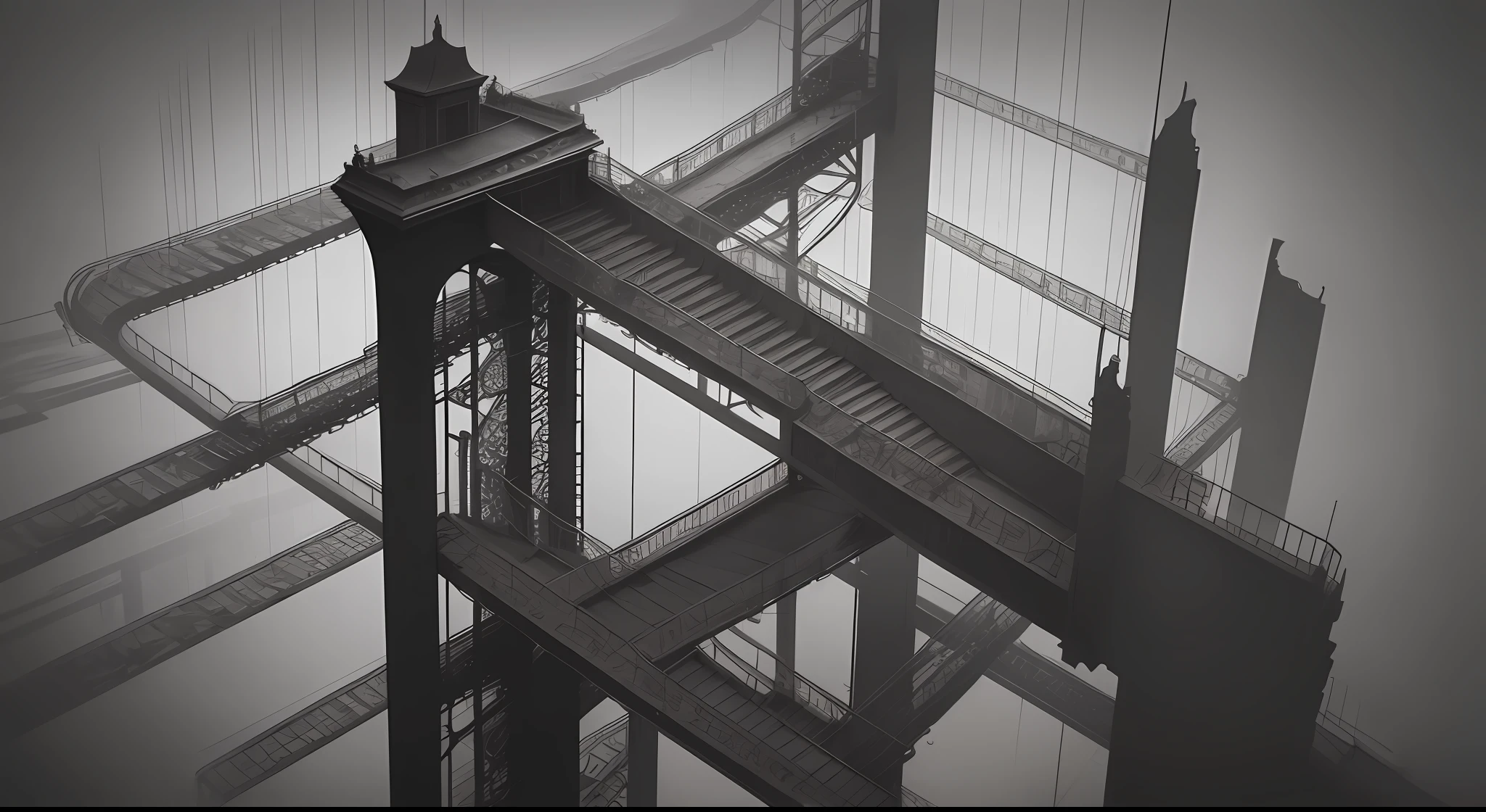 artwork concept M.C Escher+Clark Ashton Smith +Digital colage+vintage+
architetural Art+ creepy+ b/w photography by Pierre verger+style Fusion+,yellow mist,
atmospheric, , Aerial acrobatics design by +Ridley Scot, hyperrealistic+, 4K, Octane --auto --s2