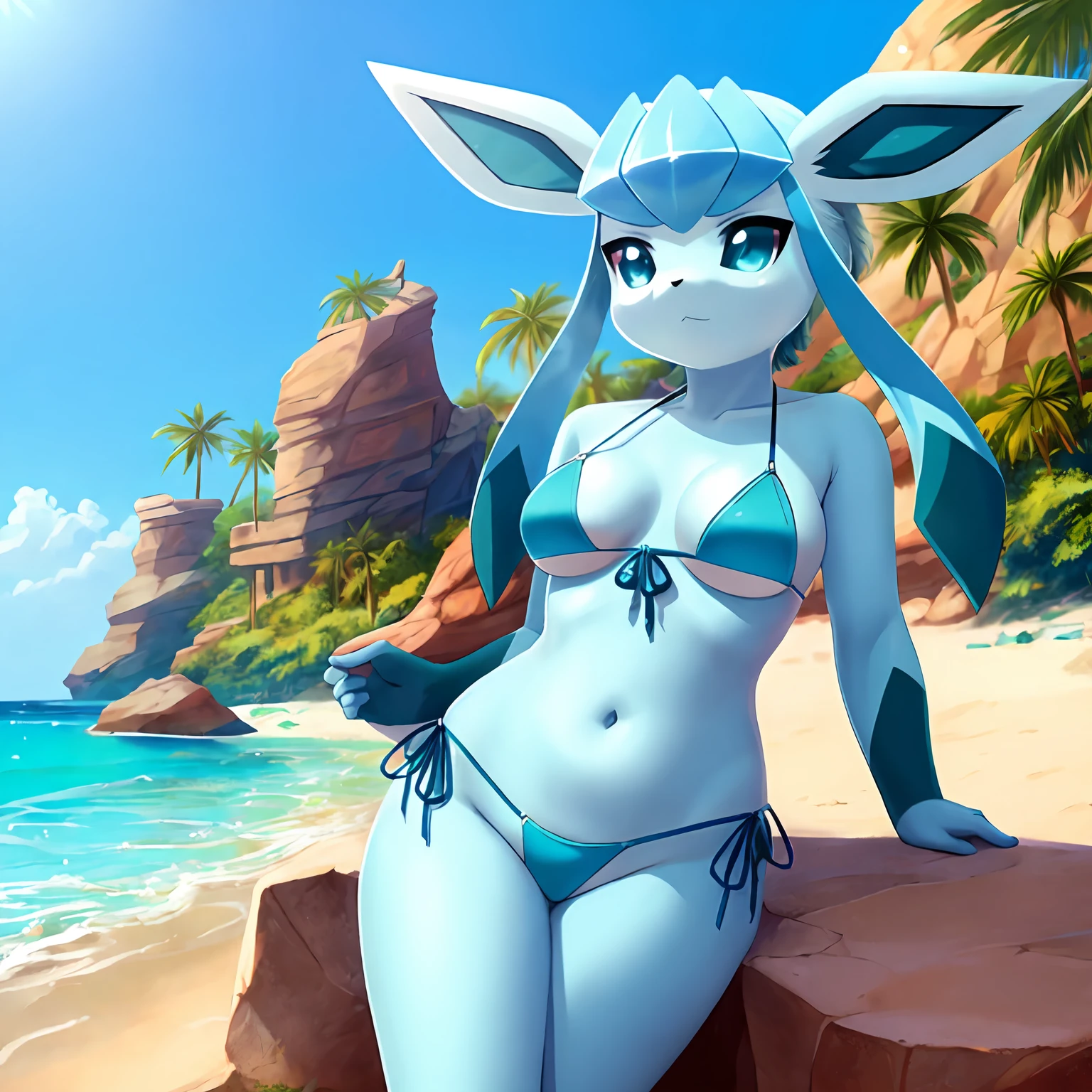 glaceon, Beautiful Art Style, 1girl, solo, playa, bikini, ropa con estampado de vaca, bikini con estampado de vaca, piel celeste.