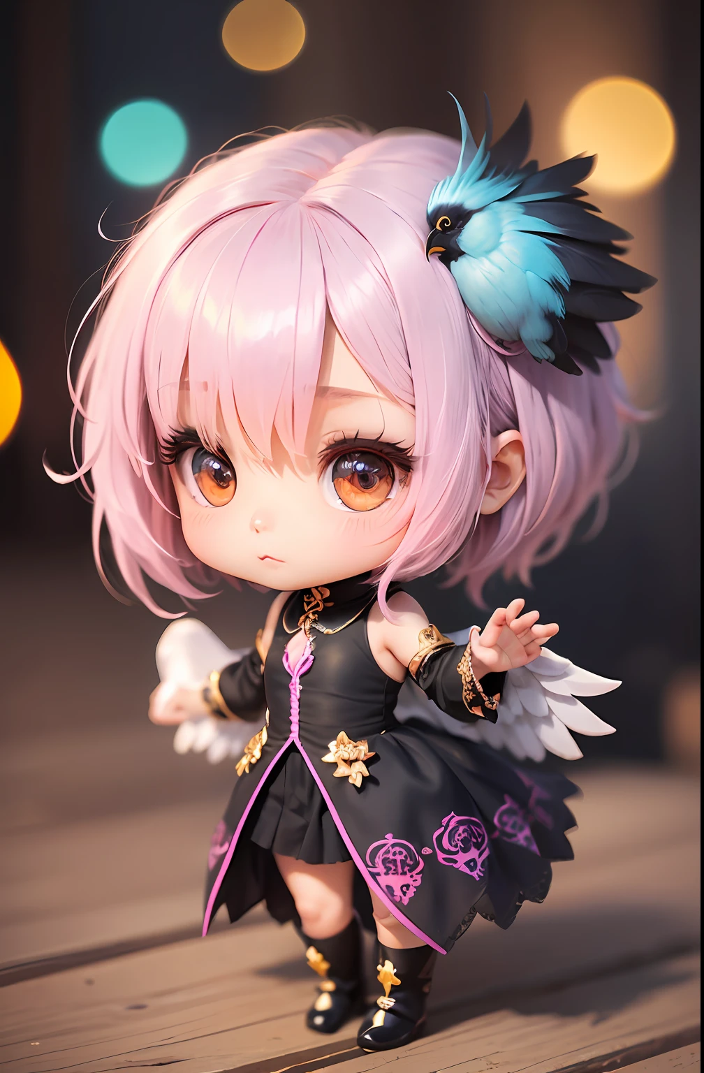 (Chibi: 1.2), (Obra-prima: 1.4), (Melhor Qualidade: 1.4), ( Very Cute Bird, Rosto Super Detalhado, Olhos Semelhantes a Joias, Cabelos loiros com rosa Muito Longos, Colored Gradient Hair: 1.1), (bird wings: 1.1), (chibi bird: 1.1)(Corpo inteiro, 2 perfect arms, 2 pernas perfeitas: 1.1), (Perfeito 4 dedos: 1 polegar), leve, brilho, bokeh, super fino