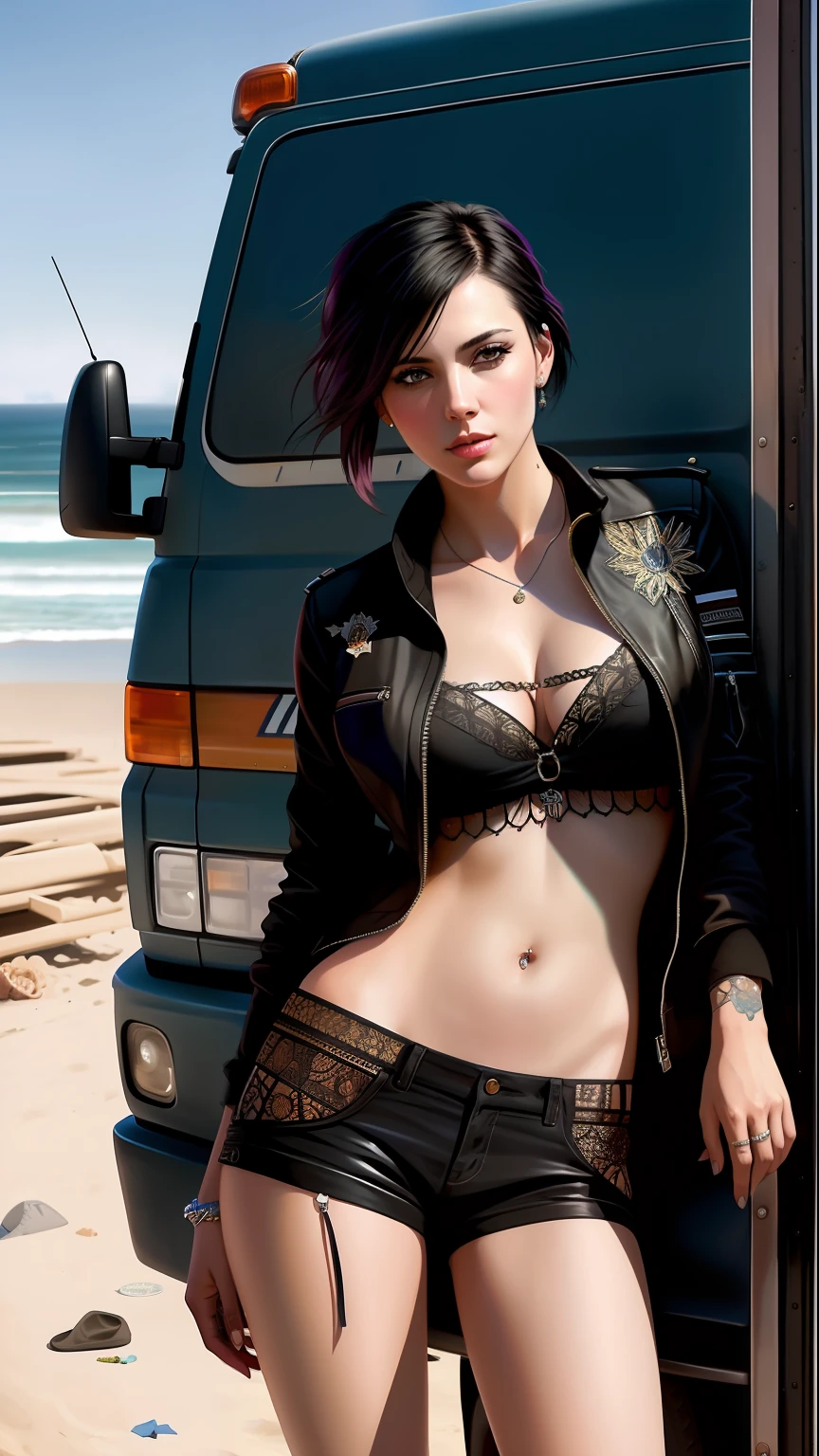 photo of the most beautiful artwork in the world featuring  a modern punk woman, leaning against a van on a California beach, trending on ArtStation, CGSociety, Intricate, High Detail, Sharp focus, dramatic, photorealistic painting art by greg Rutkowski