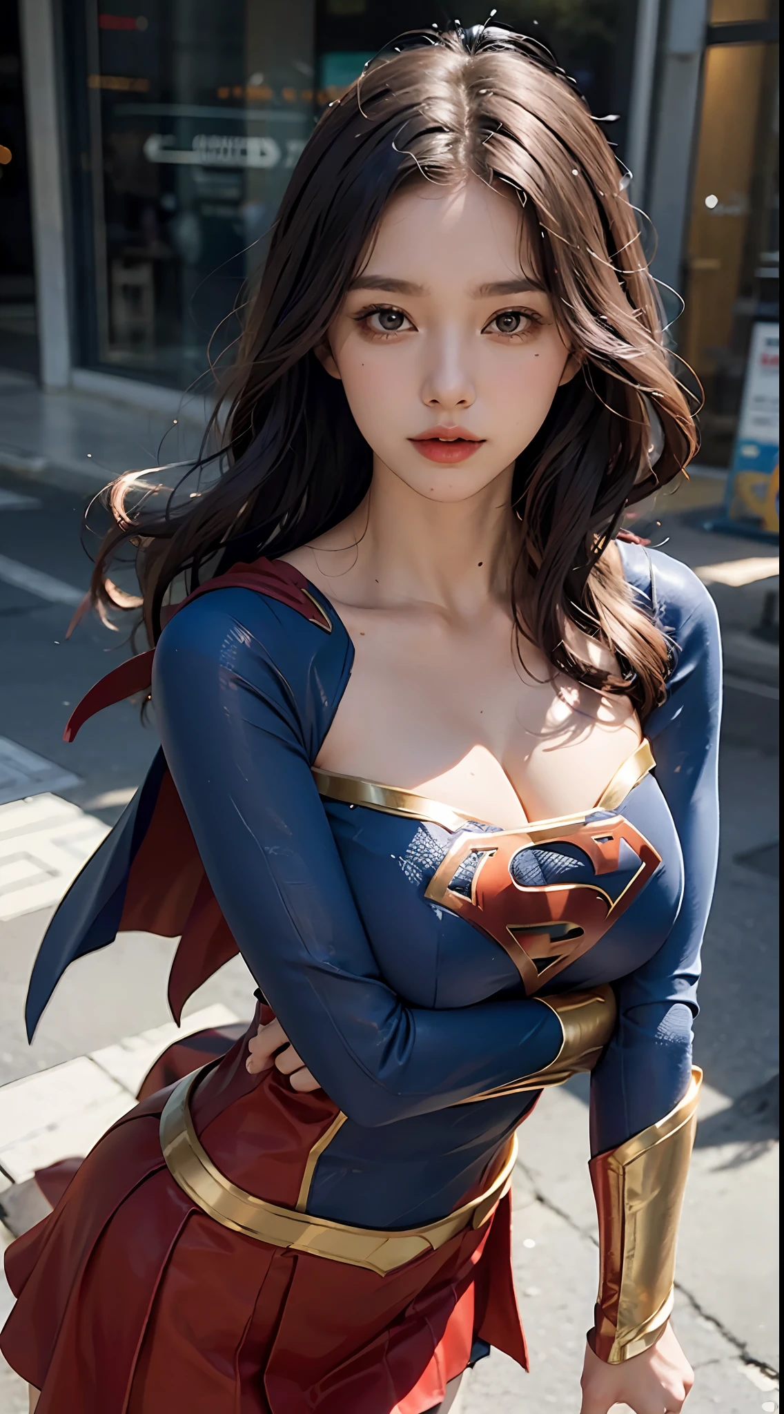 Woman body set big breasts,Supergirl costume dress,(big breasts exposed cleavage)