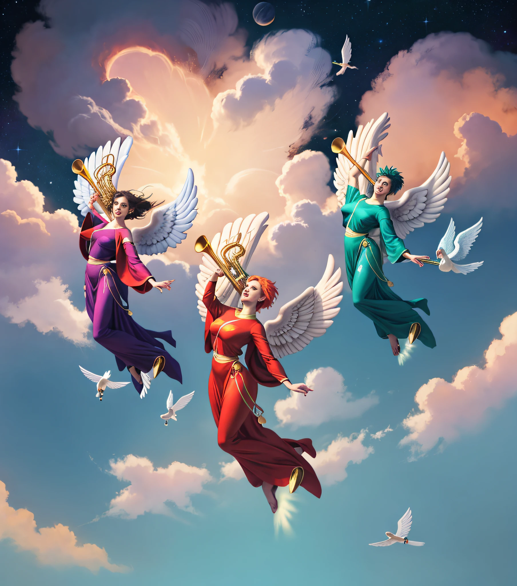a master piece, ultra-wide-angle photo (((three FLYING male angels with majestic wings))) three ANGELs holding a LONG trumpet to mouth :: Against the backdrop of a mesmerizing space galaxy, their celestial forms shine with ethereal beauty. With fierce determination in their eyes, they soar with grace and power : The angelic trumpets near their mouth emit divine melodies that resonate throughout the cosmos : full body