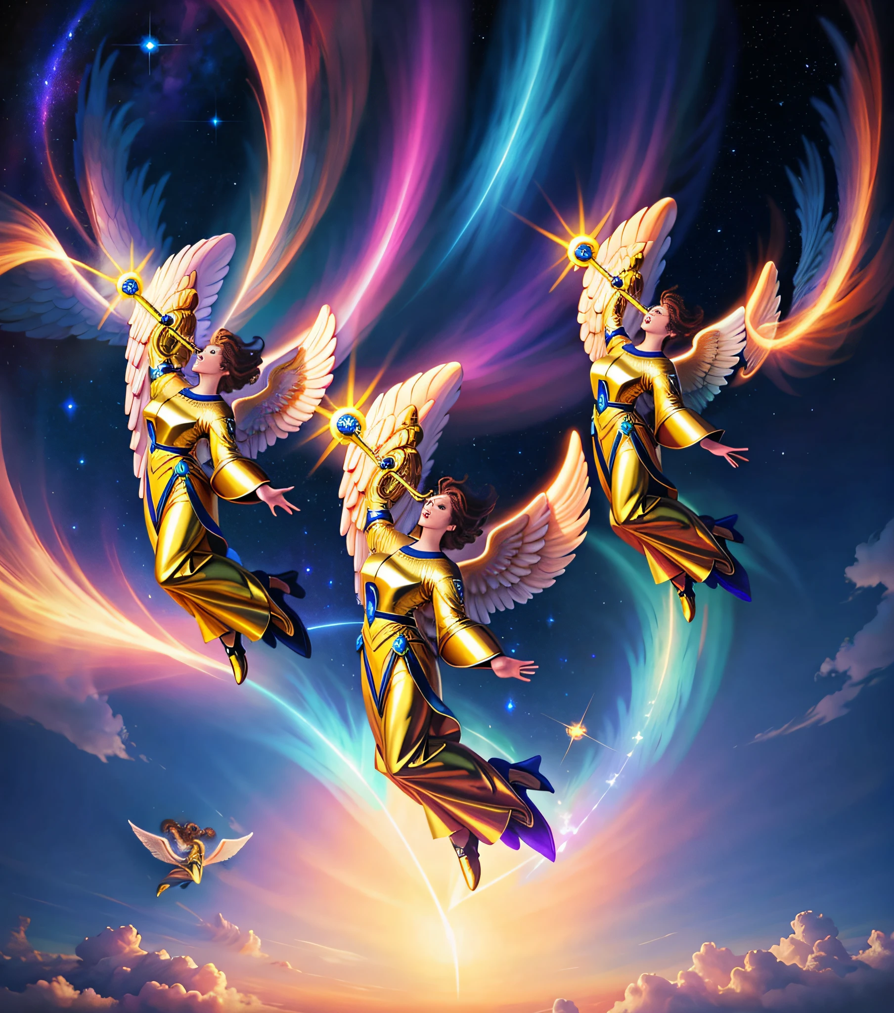 a master piece, ultra-wide-angle photo (((three FLYING male angels with majestic wings))) three ANGELs holding a LONG trumpet to mouth :: Against the backdrop of a mesmerizing space galaxy, their celestial forms shine with ethereal beauty. With fierce determination in their eyes, they soar with grace and power : The angelic trumpets near their mouth emit divine melodies that resonate throughout the cosmos : full body