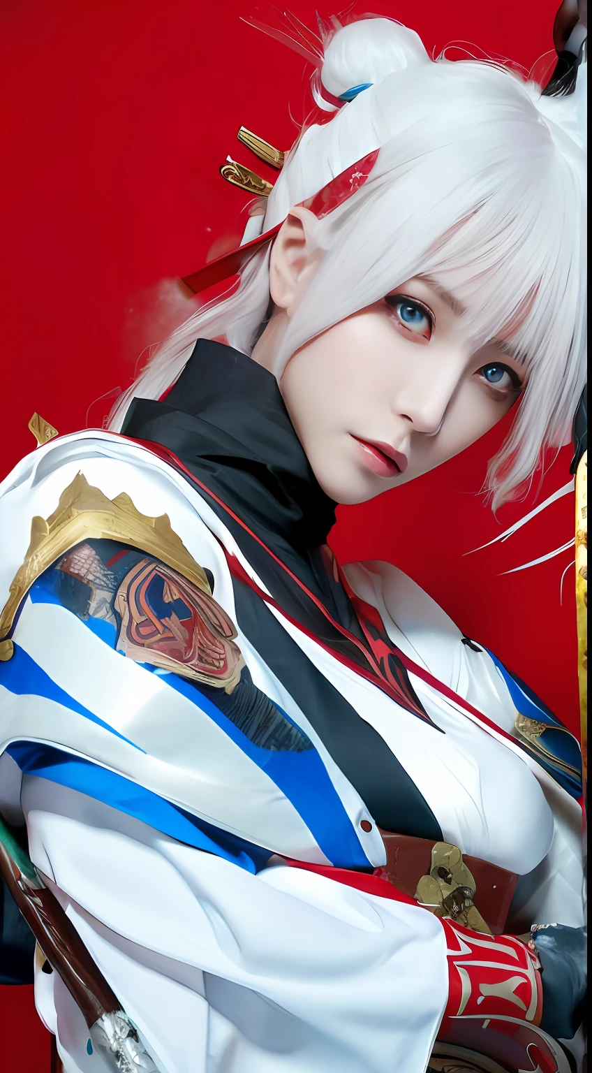 a close up of a ninja warrior woman with blood hair and a white mask, holding a sword beautiful character painting, guweiz, artwork in the style of guweiz, white haired deity, by Yang J, epic exquisite character art, stunning character art, by Fan Qi, by Wuzhun Shifan, guweiz on pixiv artstation