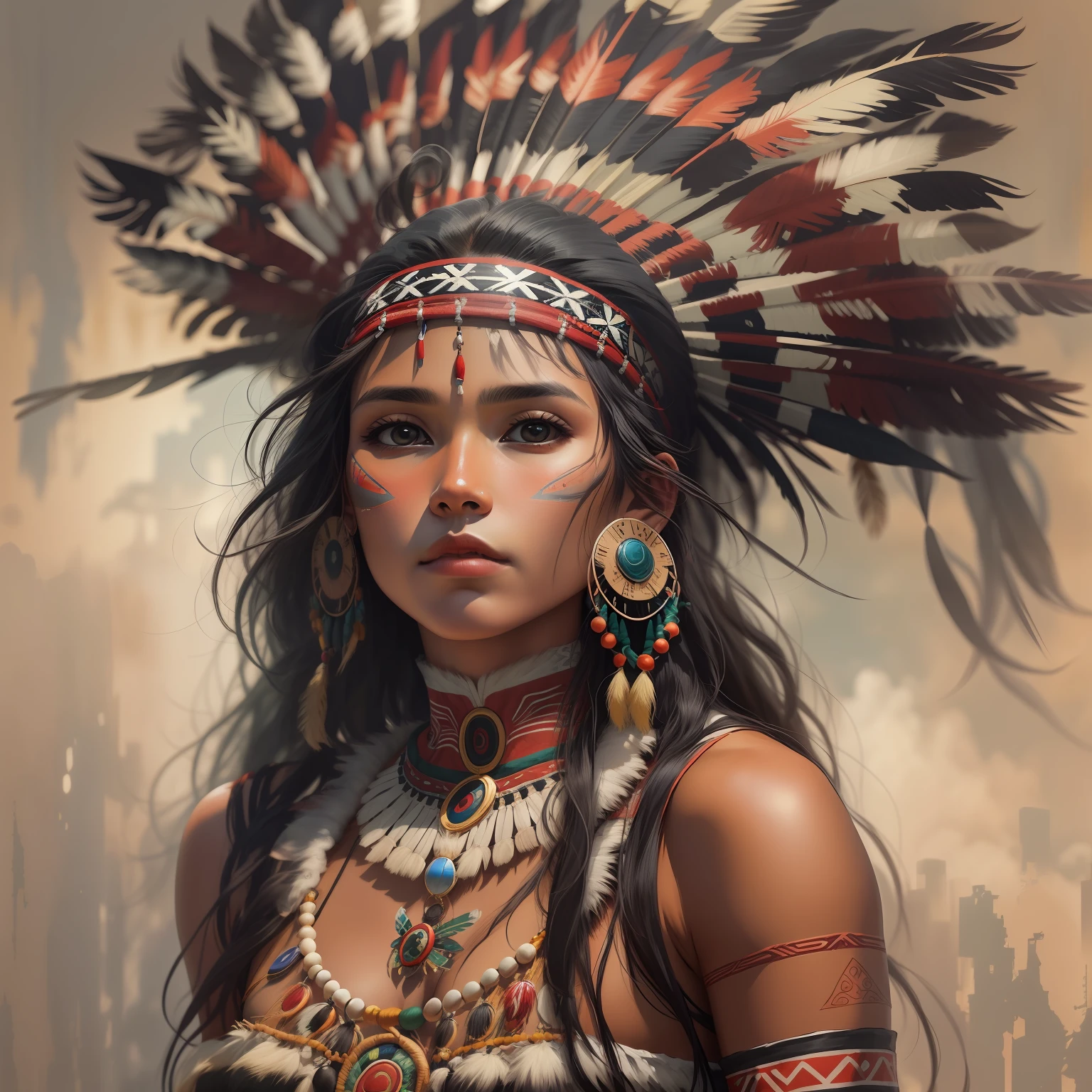 A beautiful indigenous woman standing wearing few clothes, cabelos pretos longos cacheados com franja, rosto bonito, imagem alto detalhe, simetria, Arte de Fantasia