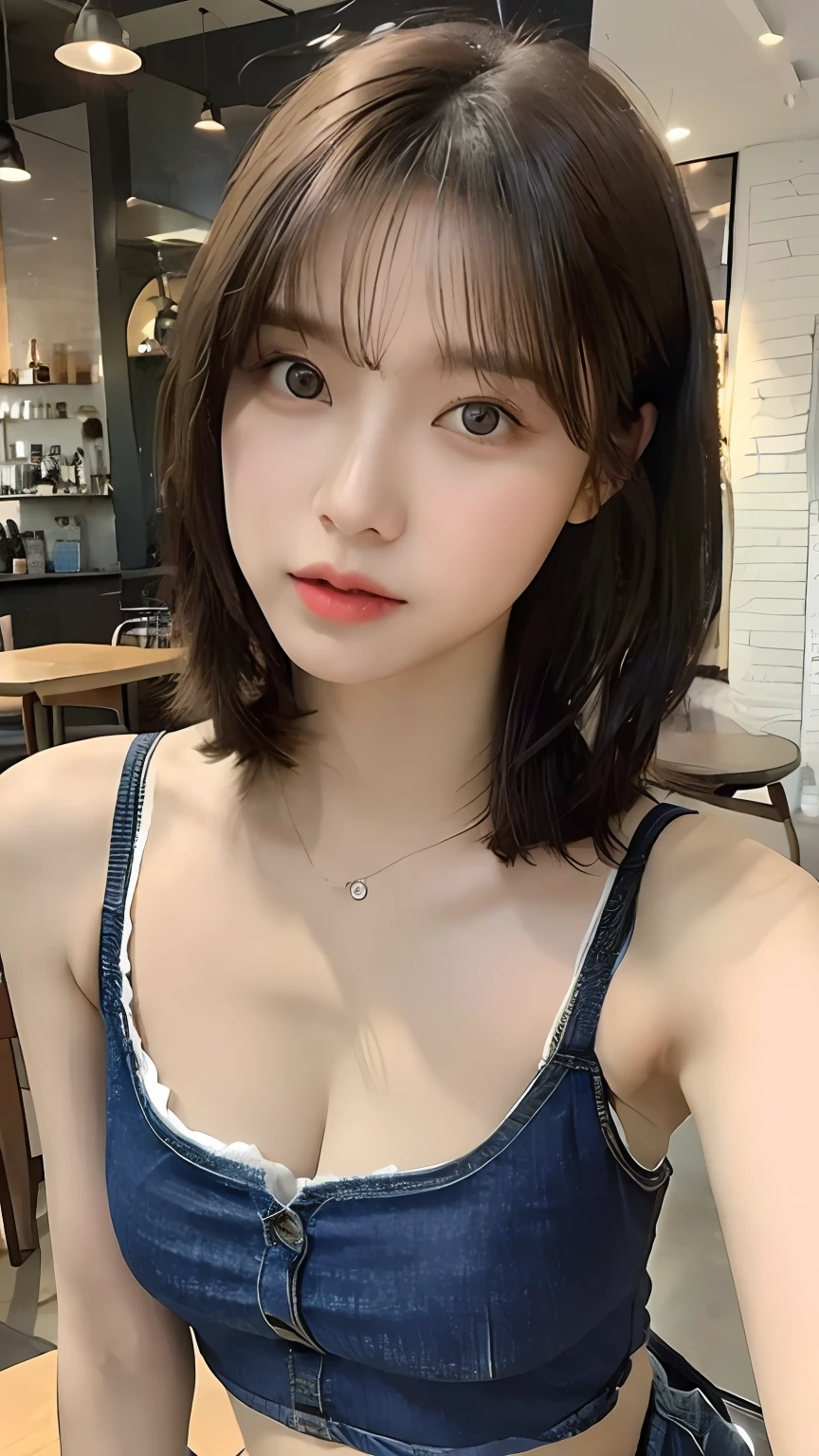 (realisitic、hight resolution:1.3)、1 girl with a perfect figure、Super thin face and eyes、length hair、Low Cut Tank Top:Short jeans、in a cafe、coffee on table、Colossal tits、Exposed cleavage Navel out Bundle your hair