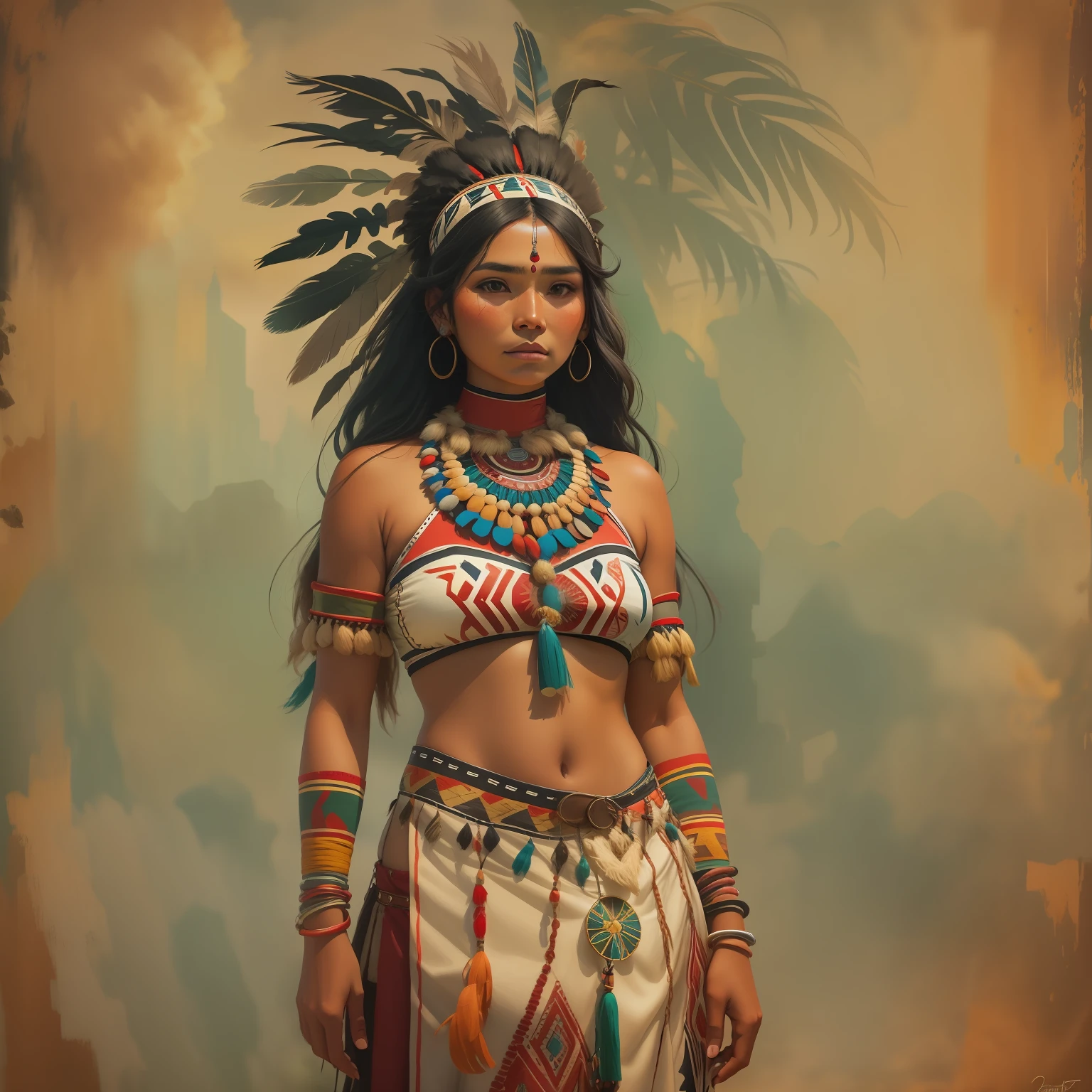 A beautiful indigenous woman standing wearing few clothes, cabelos pretos longos cacheados com franja, rosto bonito, imagem alto detalhe, simetria, Arte de Fantasia