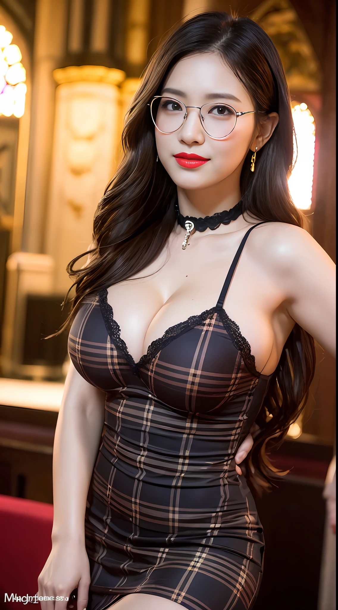 ((midnight, Need, 8K, tmasterpiece:1.3)), A whole body, Long legs, Focalors:1.2, Plump body,perfect figure beautiful woman:1.4,((Dark brown hair, huge tit:1.2 )), (low chest,deep v big breasts, Silk stockings,Plaid dress,Striped dress), ((In church,crosses)), crowd of,Highly detailed facial and skin texture, There are a lot of people,A detailed eye, 二重まぶた,largeeyes,adolable,teens girl,crisp breasts,Smile with,Bigger breasts, Wavy hair,crisp breasts,Rose flower,Get wet,Sweat profusely,Red lips,Hot dance,Large bust,huge tit,Wear earrings,wearing a choker,Wear a bracelet,Noble beauty,Beautiful breasts,Full Tits,White skin,Hot,Charming,eye shadows,seductiv,Hot beauty,Raised sexy,'s,gigantic cleavage breasts,wears glasses