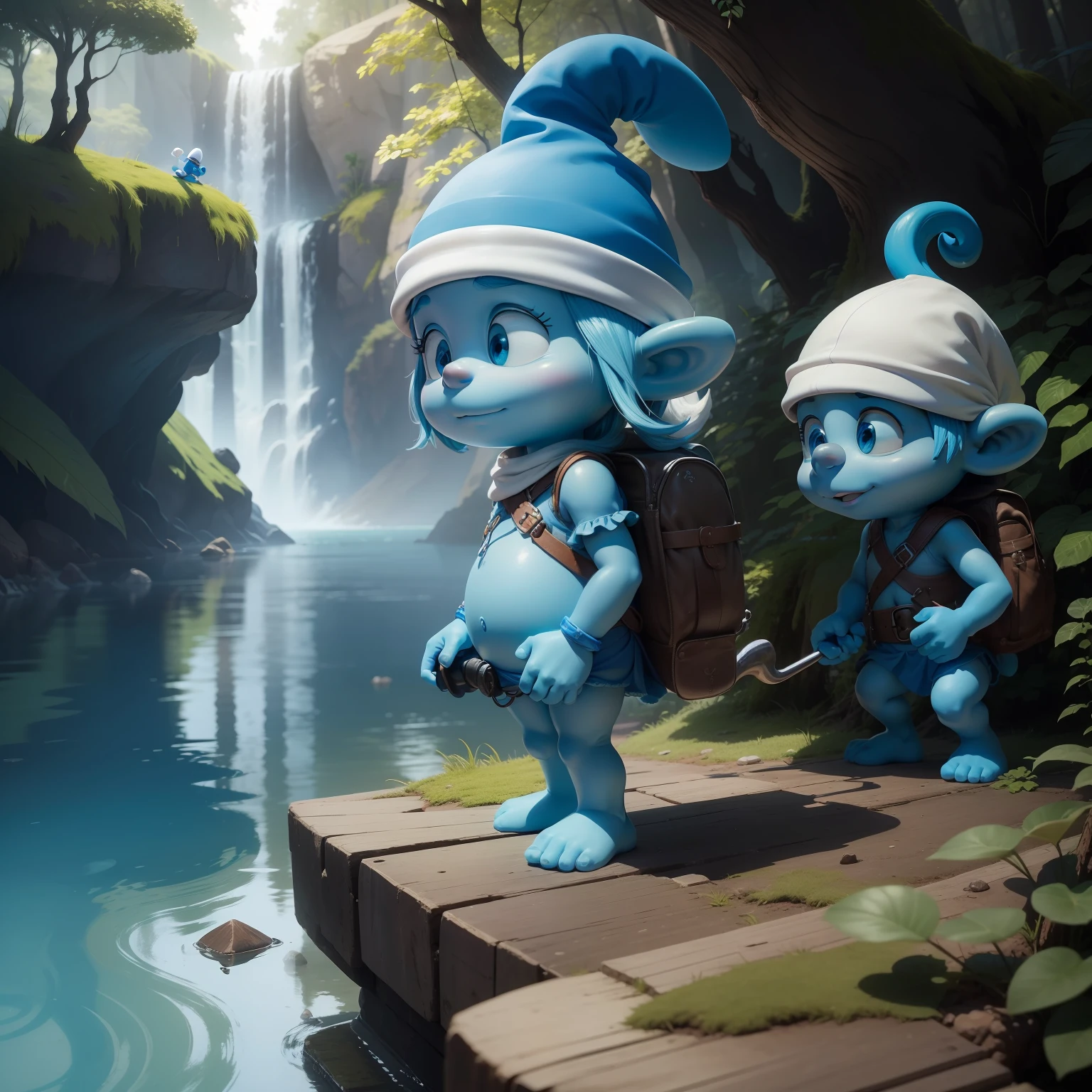 Crie uma imagem que represente a emocionante jornada dos Smurfs em busca de curiosidades e maravilhas pelo mundo. Mostre-os explorando florestas misteriosas, visiting historical sites, interagindo com culturas diversas e descobrindo segredos fascinantes. Deixe a criatividade fluir ao retratar os Smurfs envoltos em aventuras repletas de descobertas